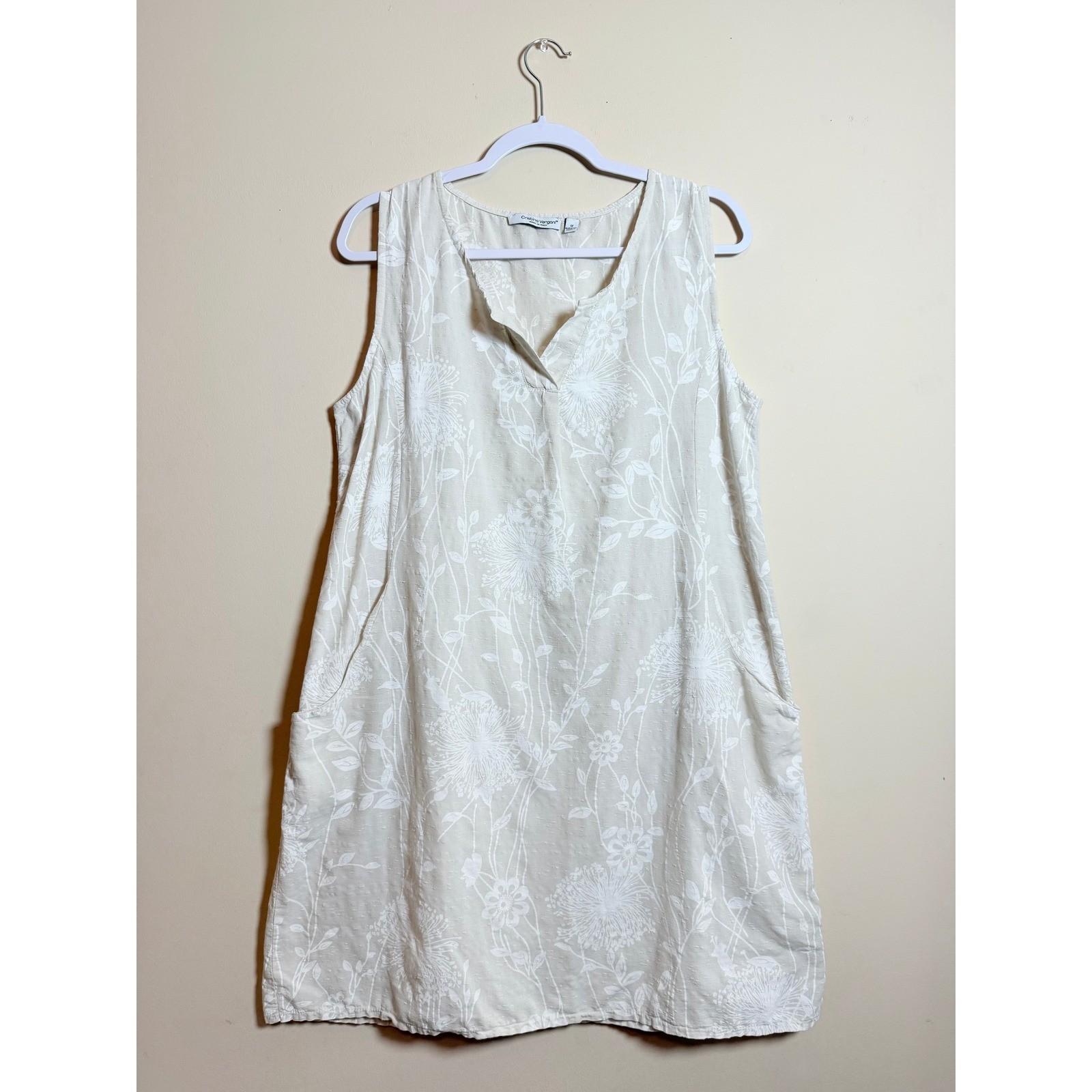 Cristina Vergani Made in Italy Linen Blend Floral Shift Dress Cream Tan Size M
