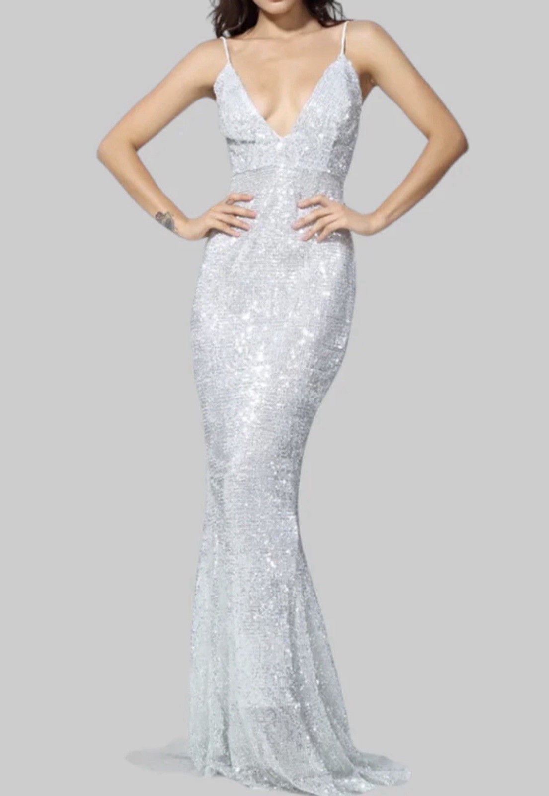 Silver Sequin Glitter Maxi Dress Strapless Formal Evening Prom Gown