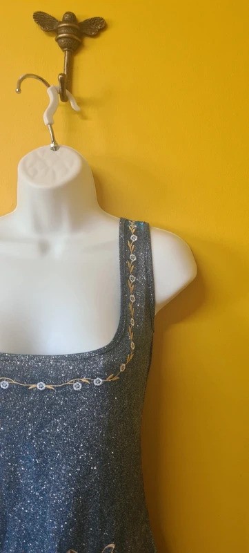 Womans size 10-12 whimsical Sun Fairy mini dress blue sparkly gold embroidery