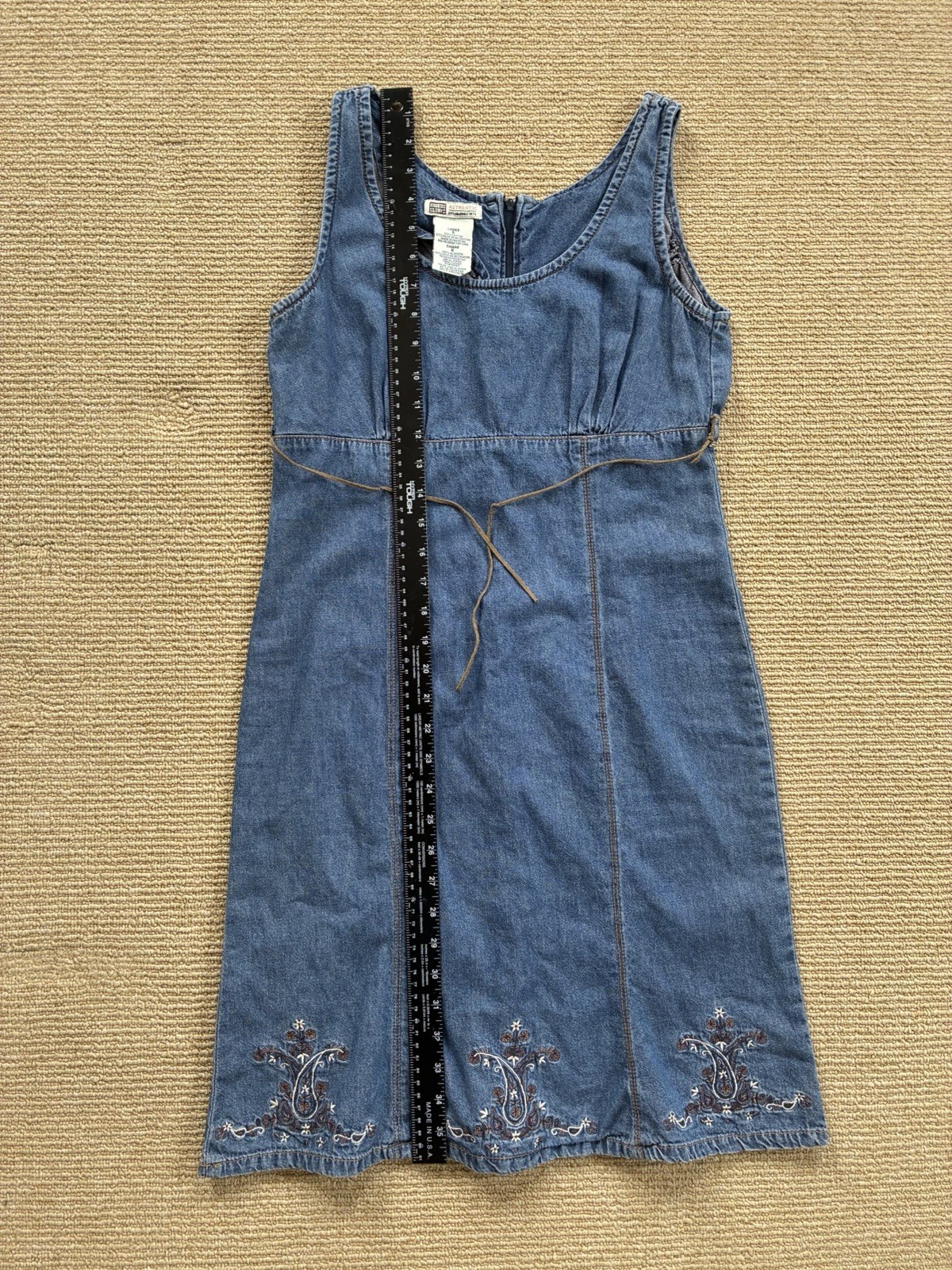 Women’s 100% Cotton Denim Belted Mini Dress Floral Embroidery Size S Western