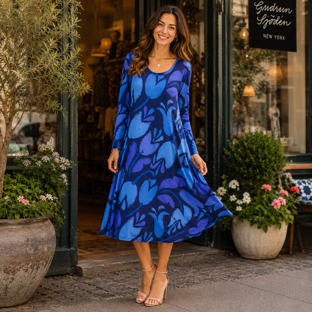 GUDRUN SJODEN Women’s Midi Dress LARGE Blue Abstract PORTUGAL MADE