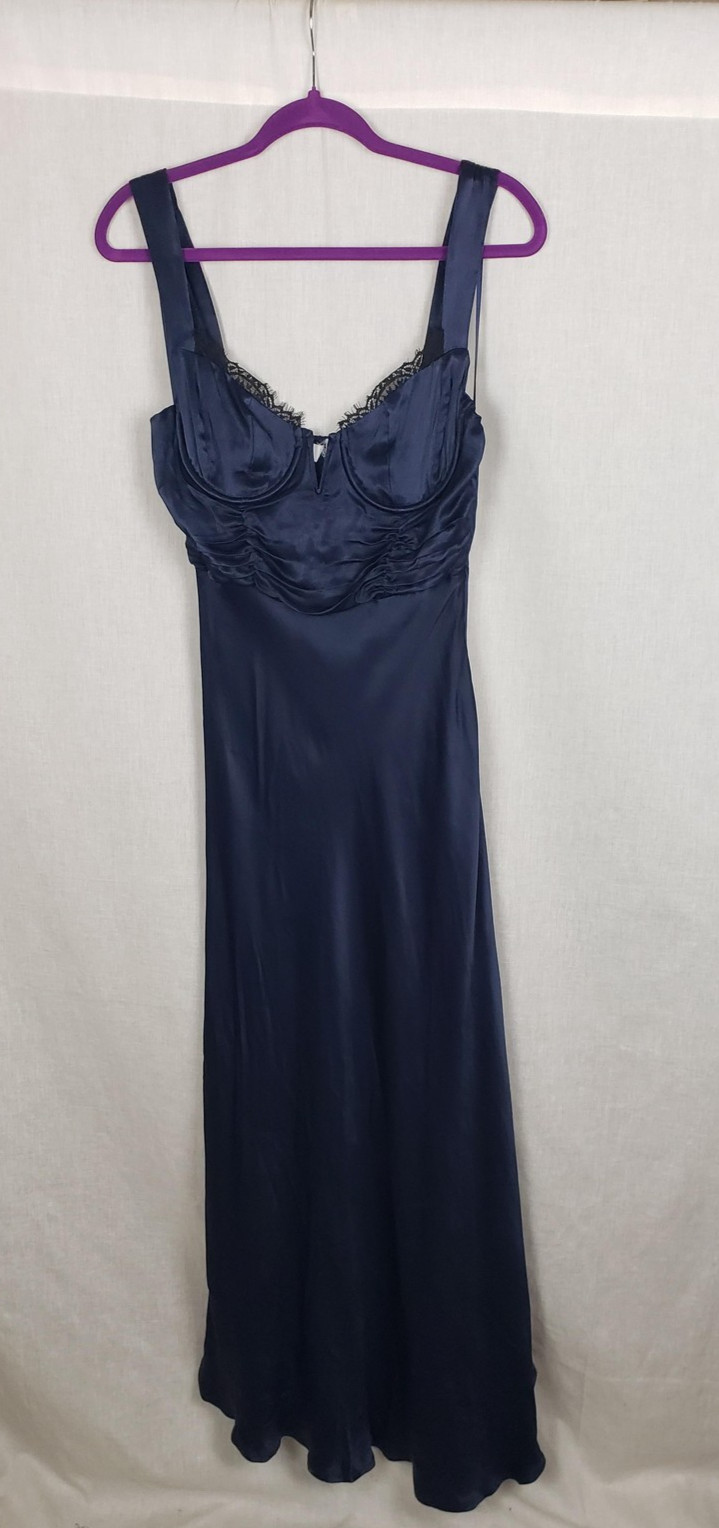 Slip Dress M Navy Blue Satin Lace Trim Ruched Bust Smocked Maxi Feminine Dainty
