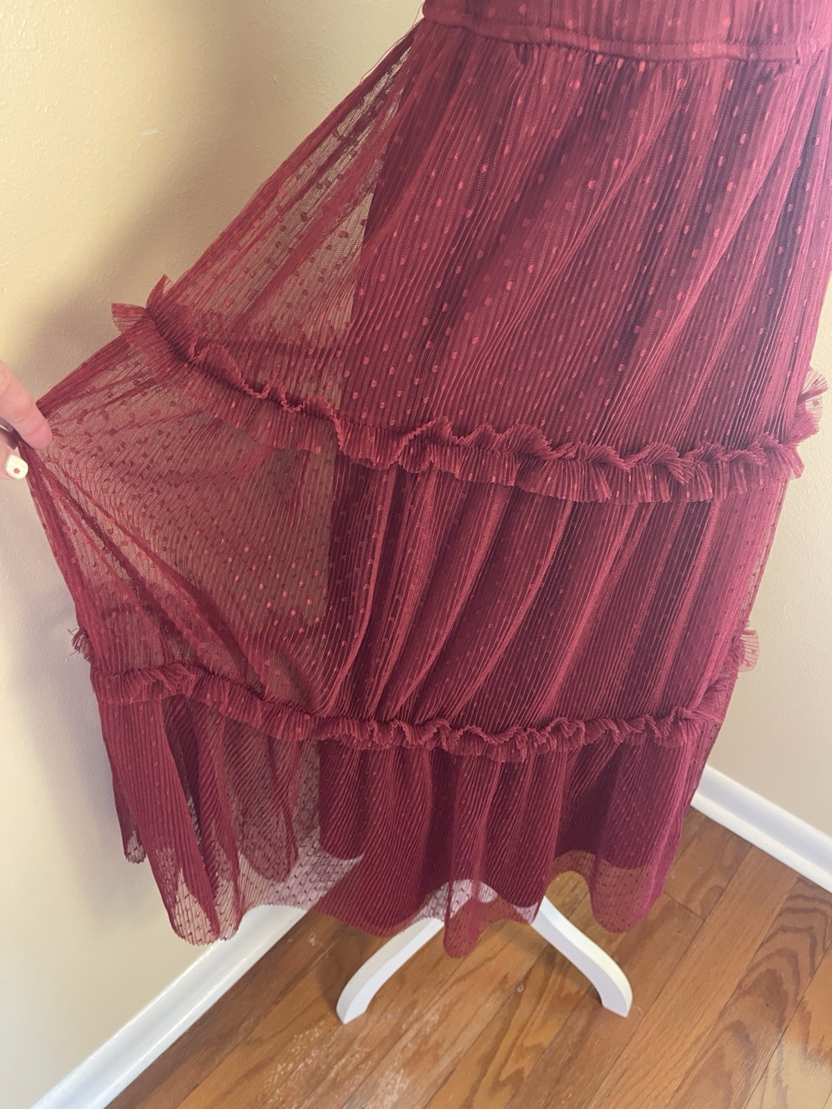 Whimsy Goth Burgundy Mesh Bustier Midi Dress M Swiss Dot Tiered Skirt Fairycore