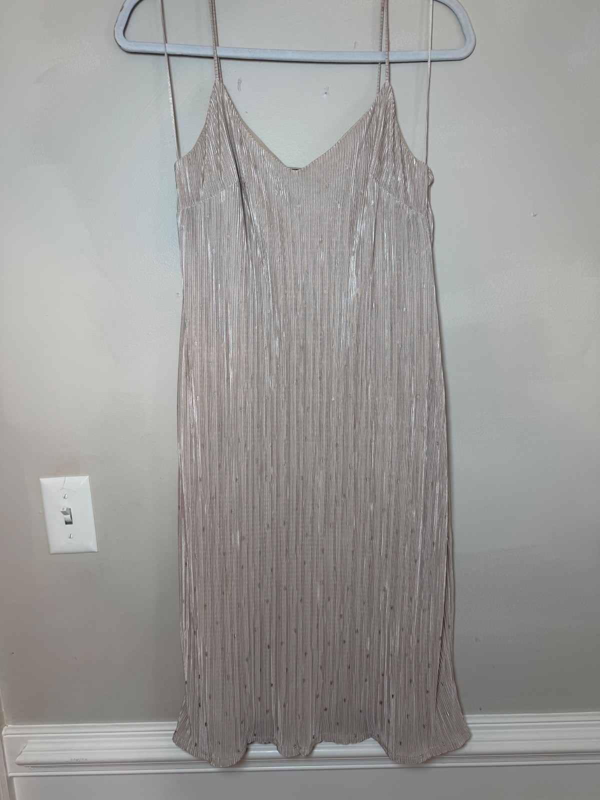 Express Women’s Beige Pleated Slip Dress with Metallic Dot Detail, Size XS