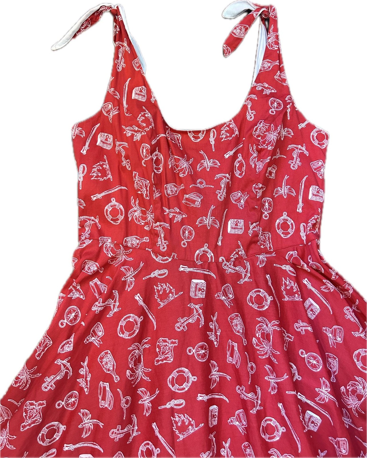 Retro Hell Bunny Red Nautical Print Tie Strap Flare Dress Pinup Swing 40s