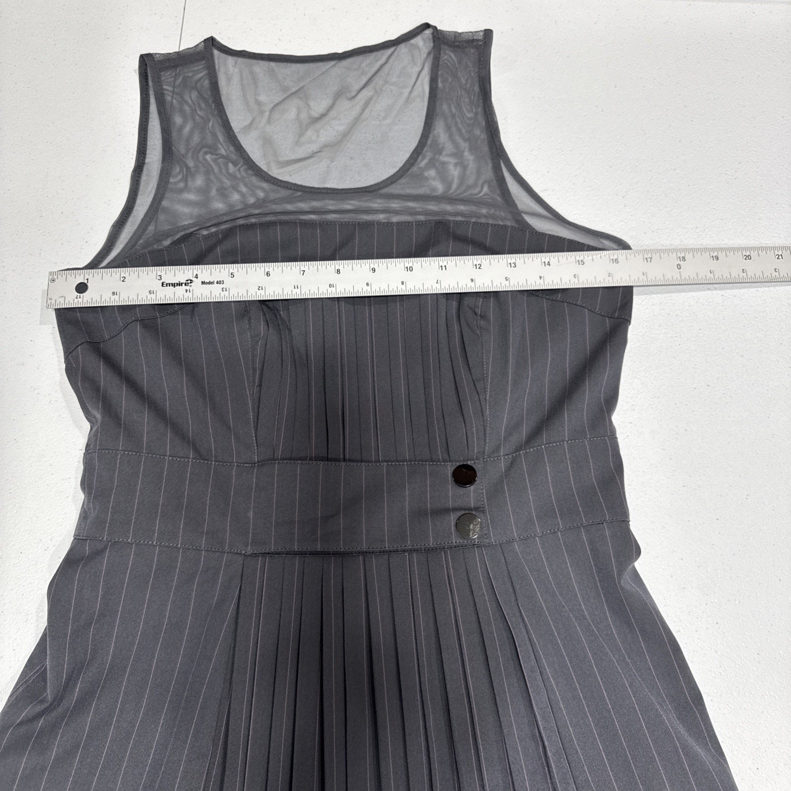 Bebe Dress Fit & Flare Pleats Mesh Chest Back Womens Sz 6 Gray Pink Pinstripes