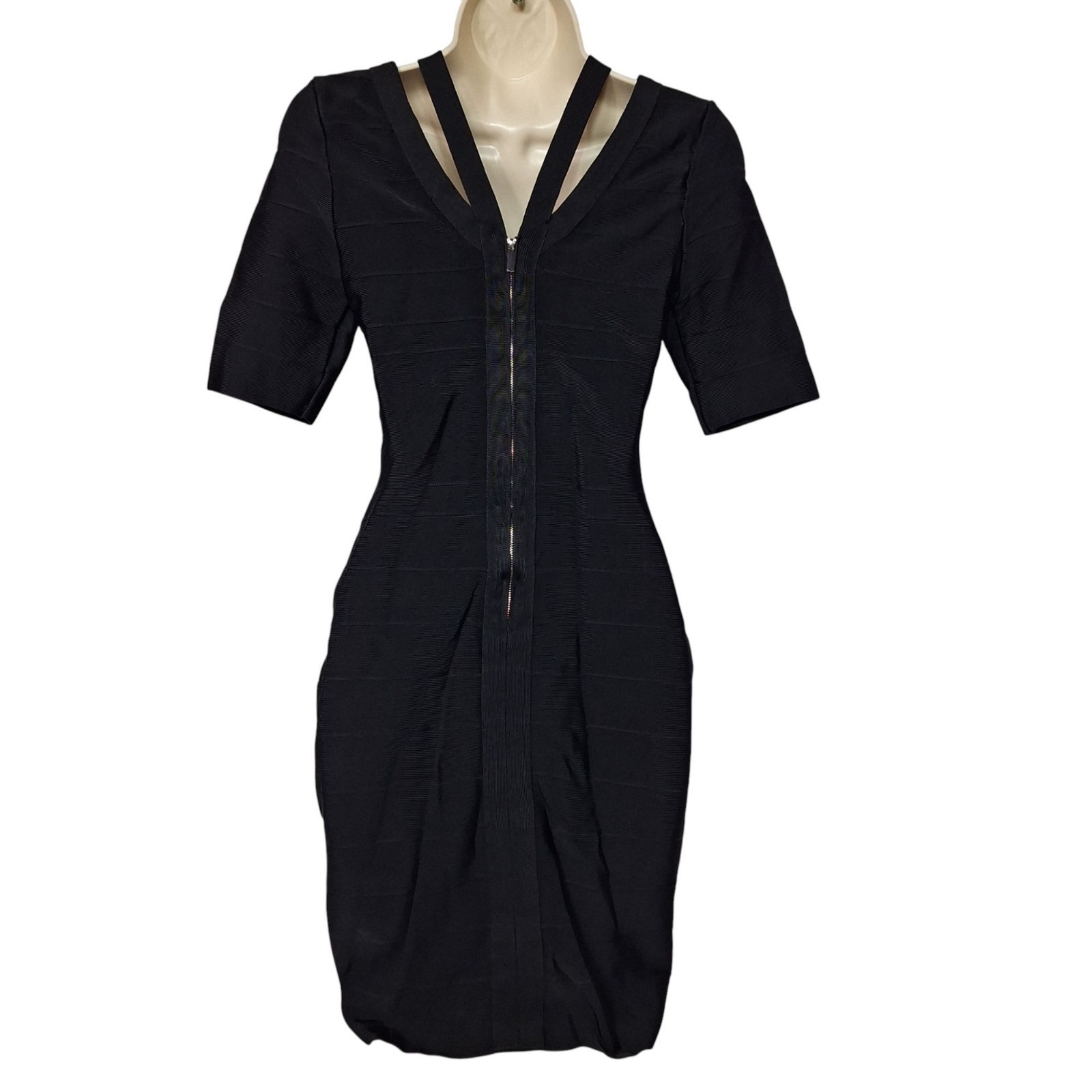 Venus Bodycon Wrap Dress Med Solid Black V-Neck Minimalist Little Black Dress