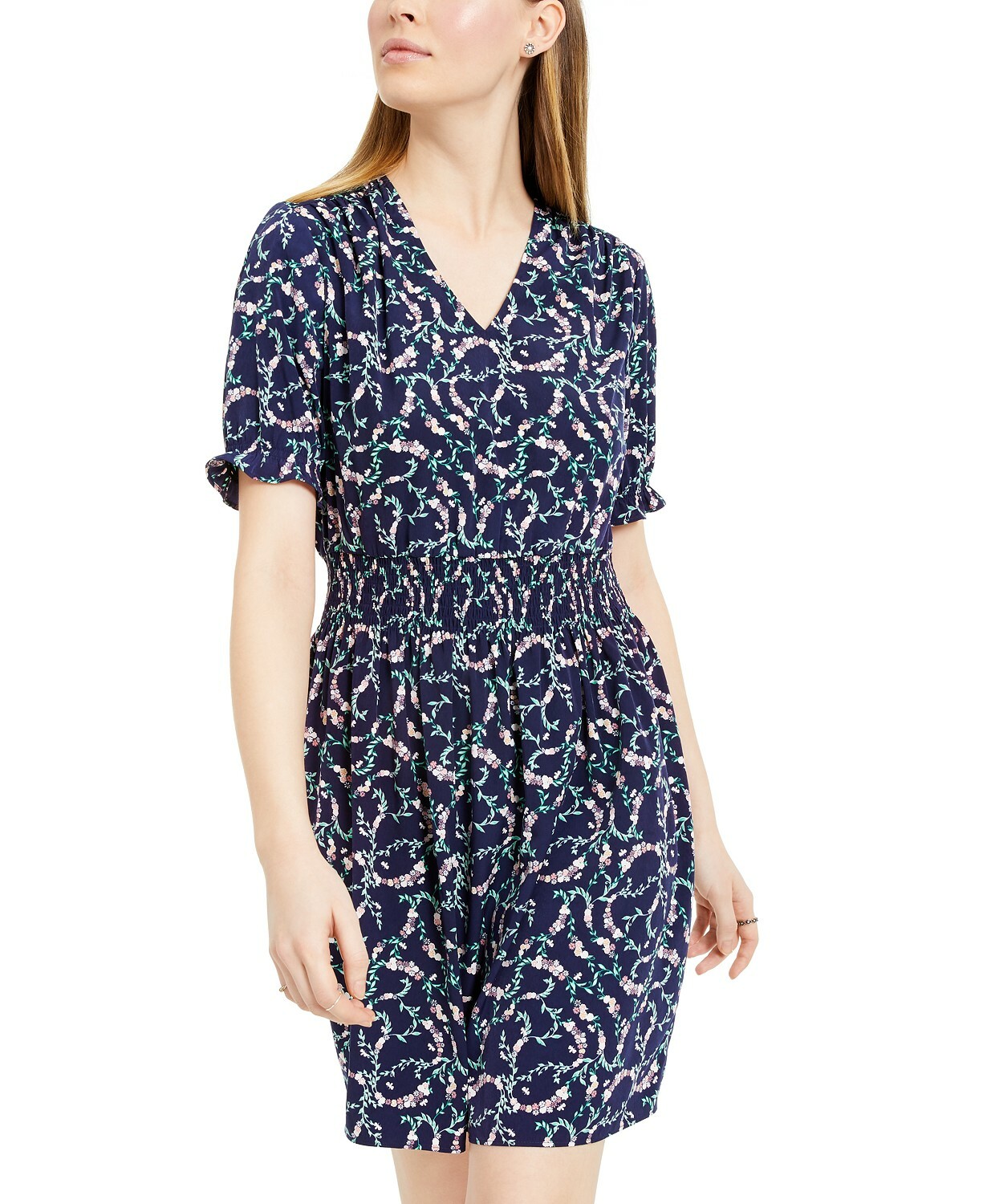 Maison Jules Women’s Smocked Waist Dress Blue Garden Size L