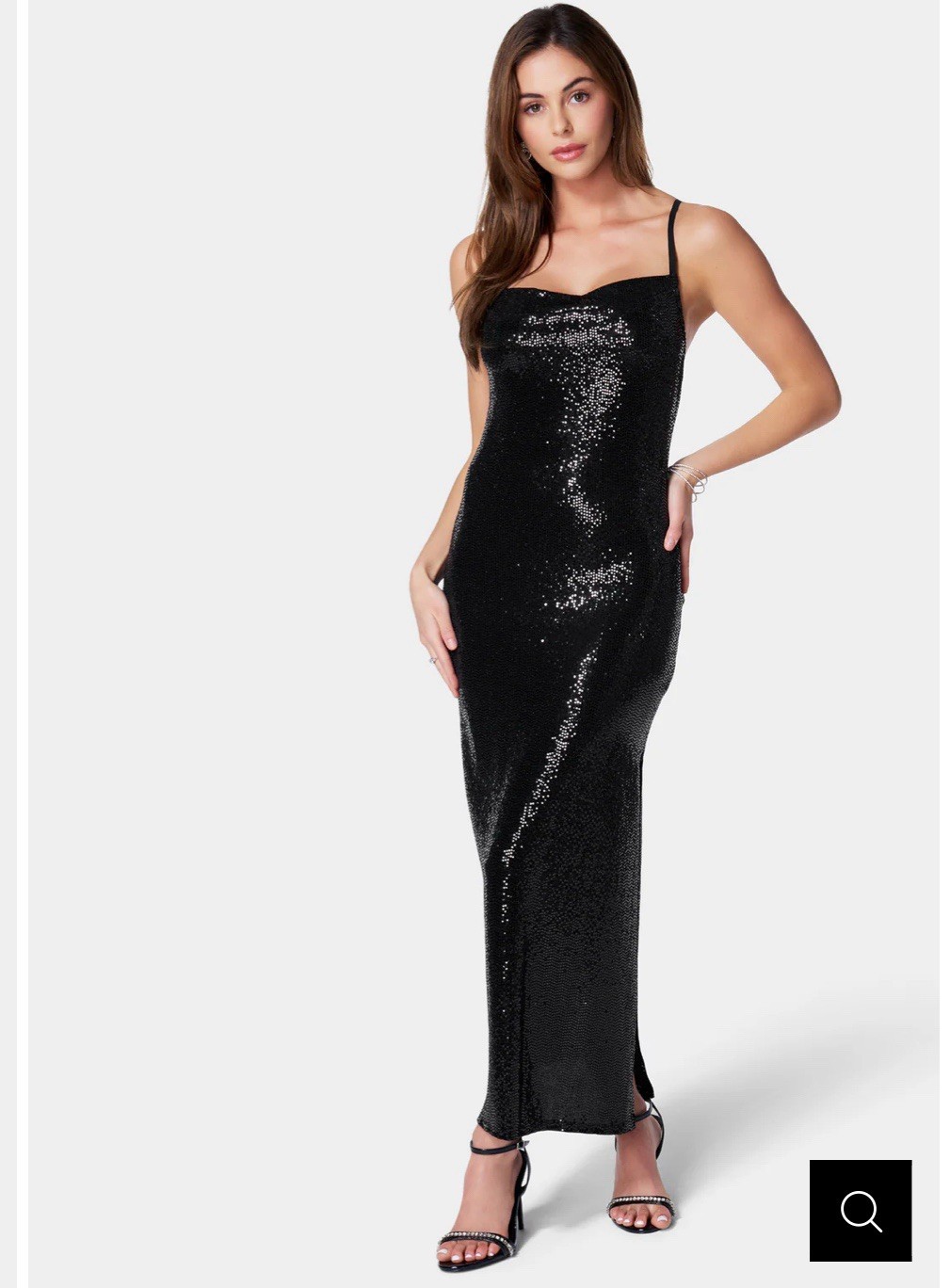 BEBE Black Maxi Dress Women L Shimmer Cowl Neck Spaghetti Strap Stretchy Swiftie