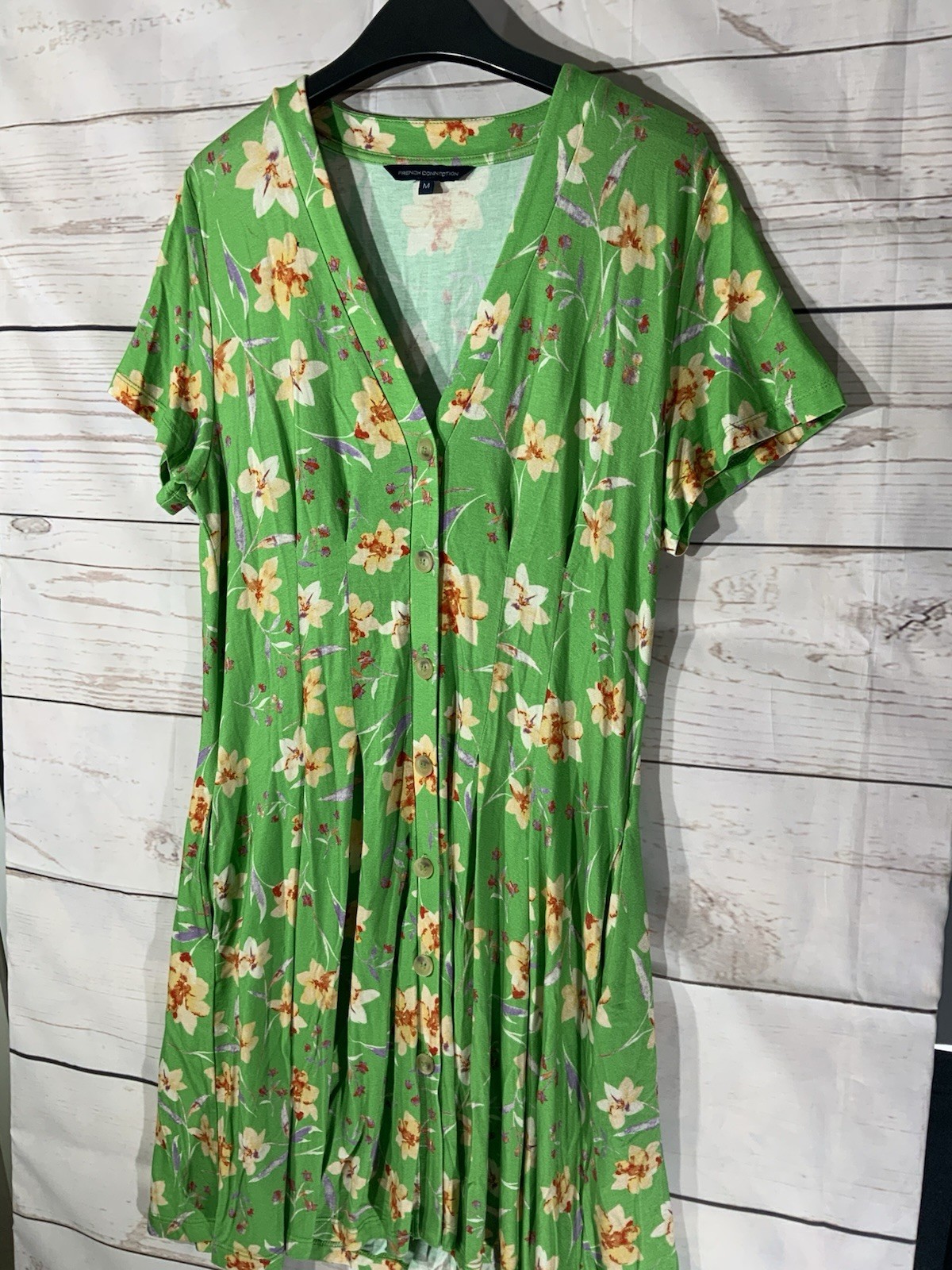 French Connection Women’s Short Sleeve Button Up Dress M Green Floral (A33)