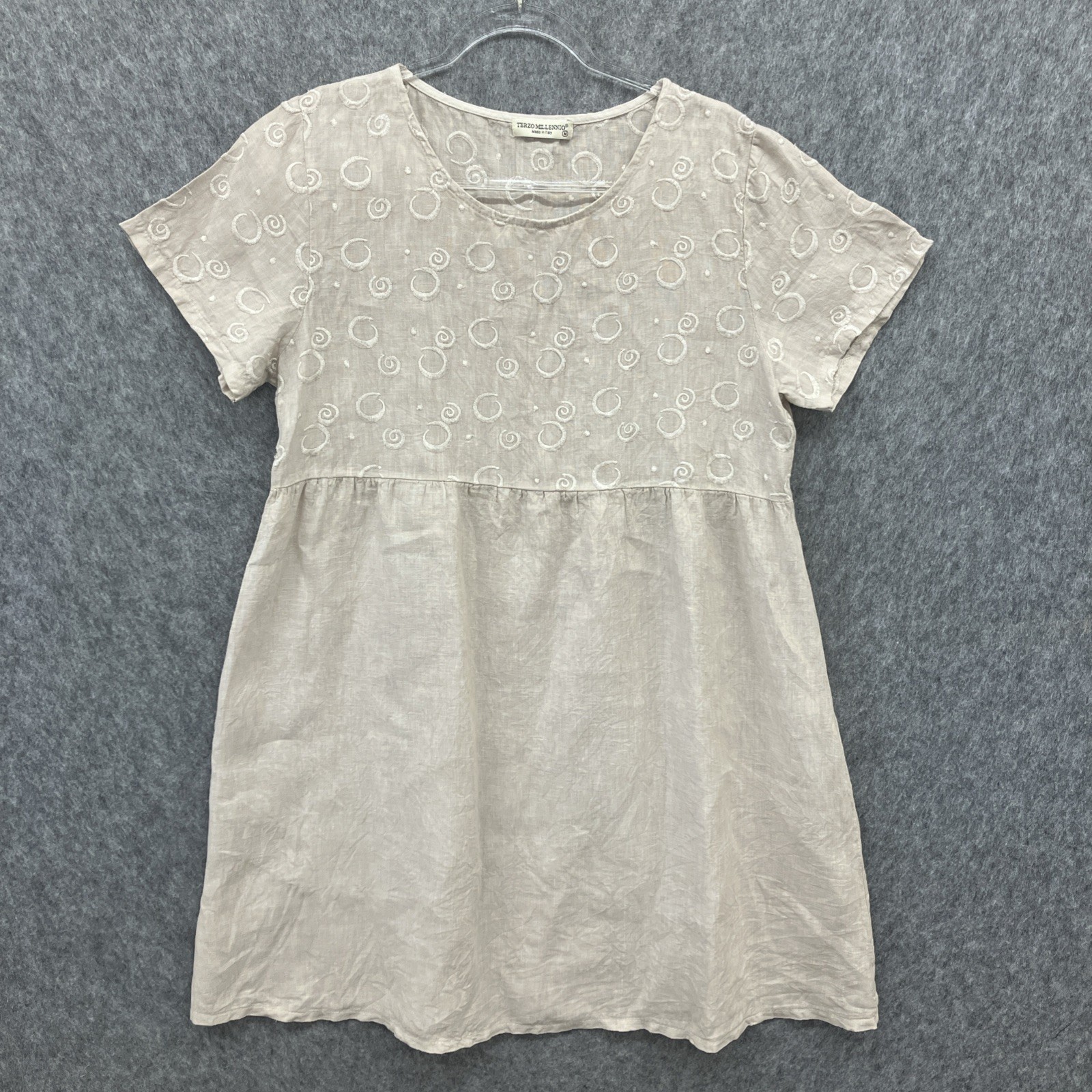 Terzo Millennio Italian 100% Linen Dress Womens M Natural Embroidered Lagenlook