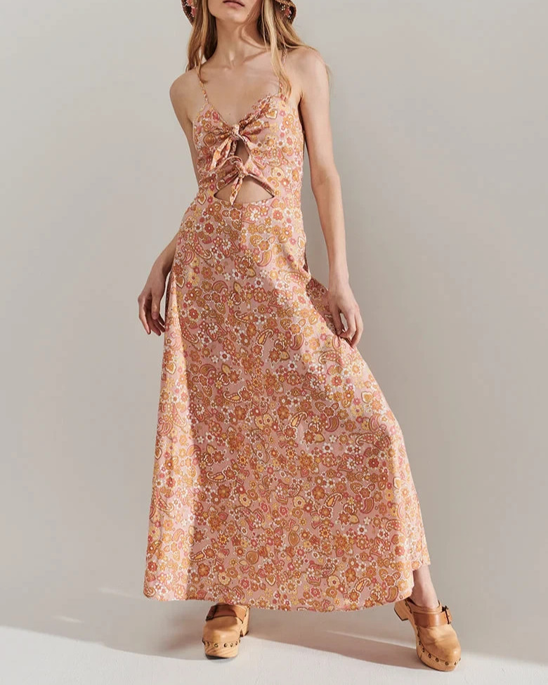 Ghanda Mia Floral Paisley Dress Womens XS Peach Pink Cutout Strappy Boho Summer