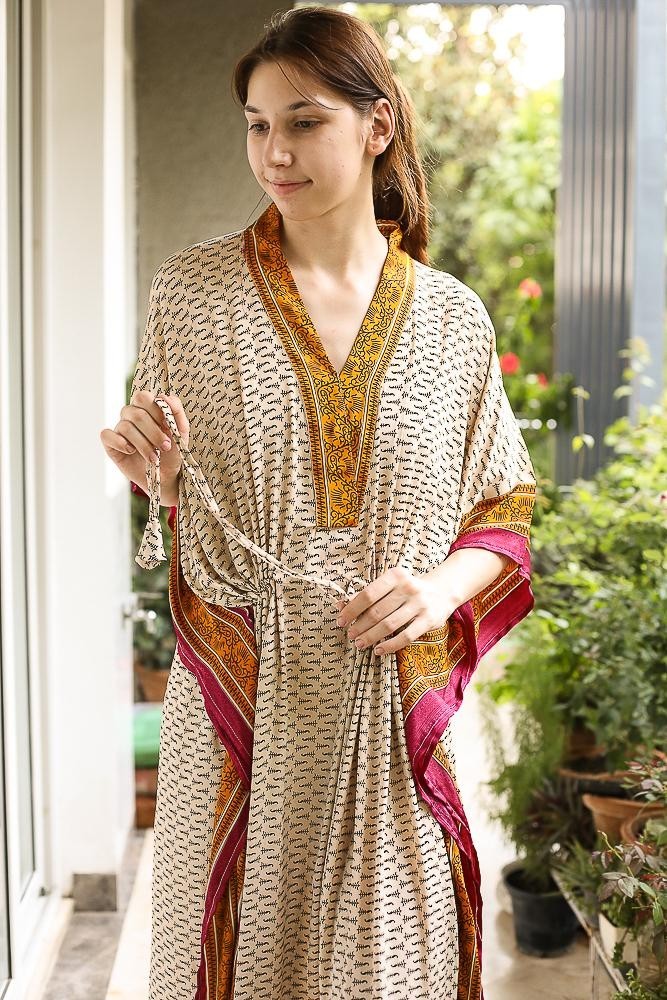 Silk Beige Kaftan / Handmade Flowy Maxi Dress / Resort Wear Outfit PS MFN1059