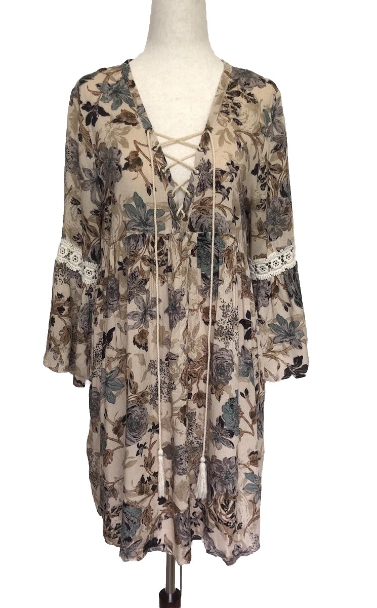 Entro Long Sleeve Tan Floral Bell Sleeve Short Peasant Boho Mini Dress Size S