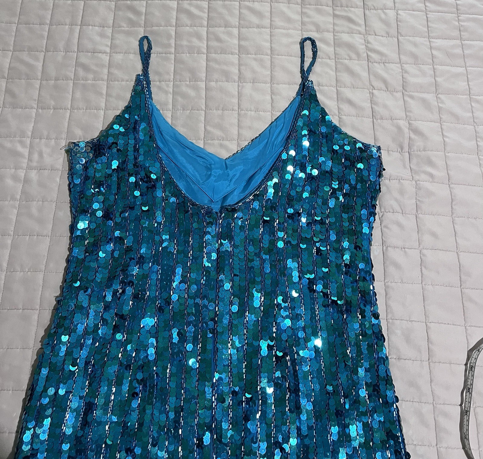 Vtg Silk Hand Beaded Sequin Fringe Cocktail Dress Teal Peacock Blue Y2K M