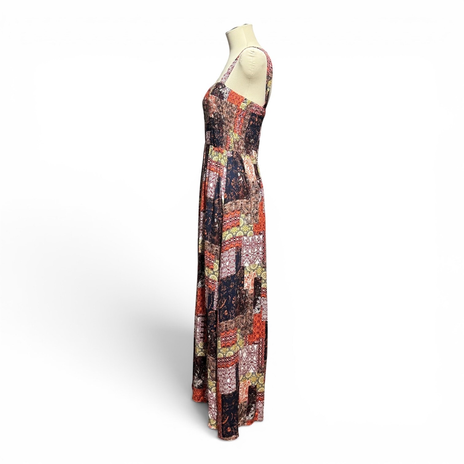 Promesa Patchwork Stretch Maxi Sundress Boho Blue Orange Yellow Floral Large