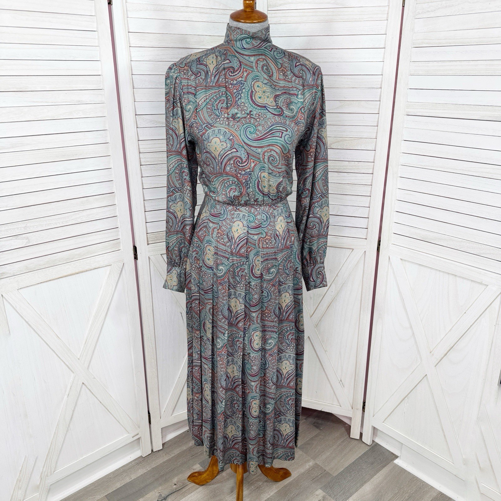 Vintage J.G. Hook Maxi Dress Women 4 Green Multi Paisley Pleated Skirt Mock Neck