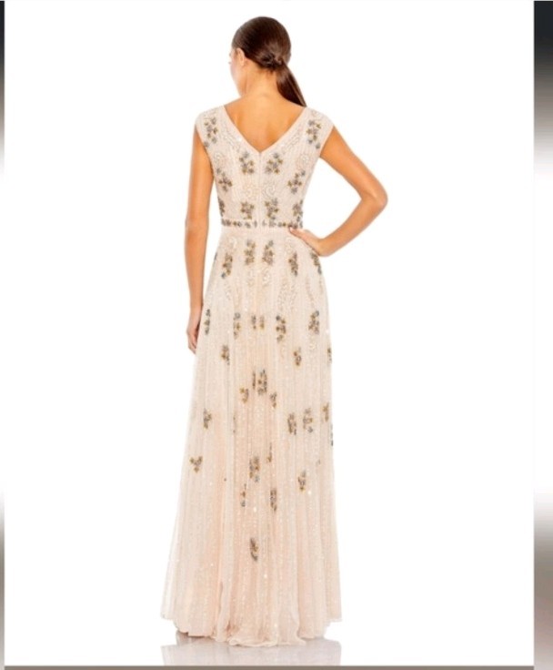 Mac Duggal Blush Gold Beaded Sequin V-Neck Maxi Gown 93575