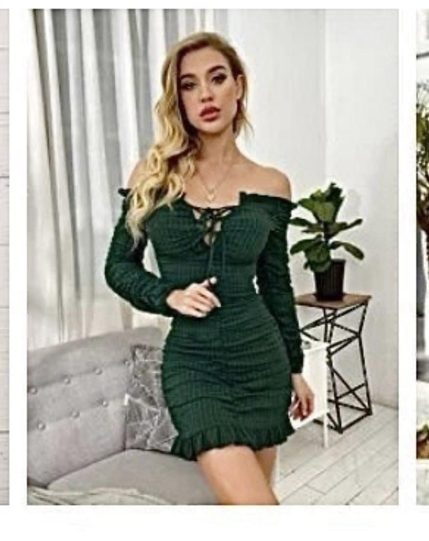 SHEIN Green Off Shoulder Long Sleeve Ruched Ruffle Lace-Up Mini Dress xs