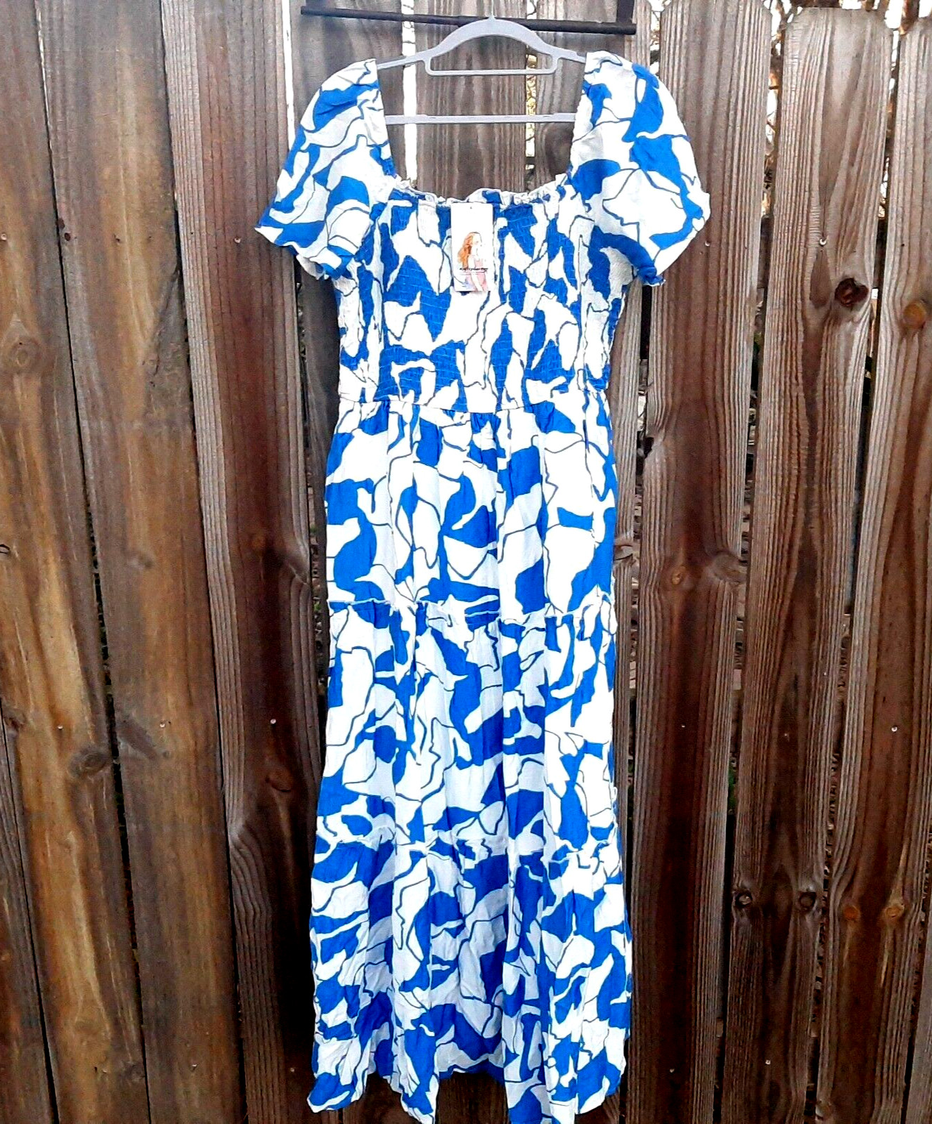PrettyGarden Smocked Ruffled Midi Dress ~ Royal Blue & White Floral XL NWT