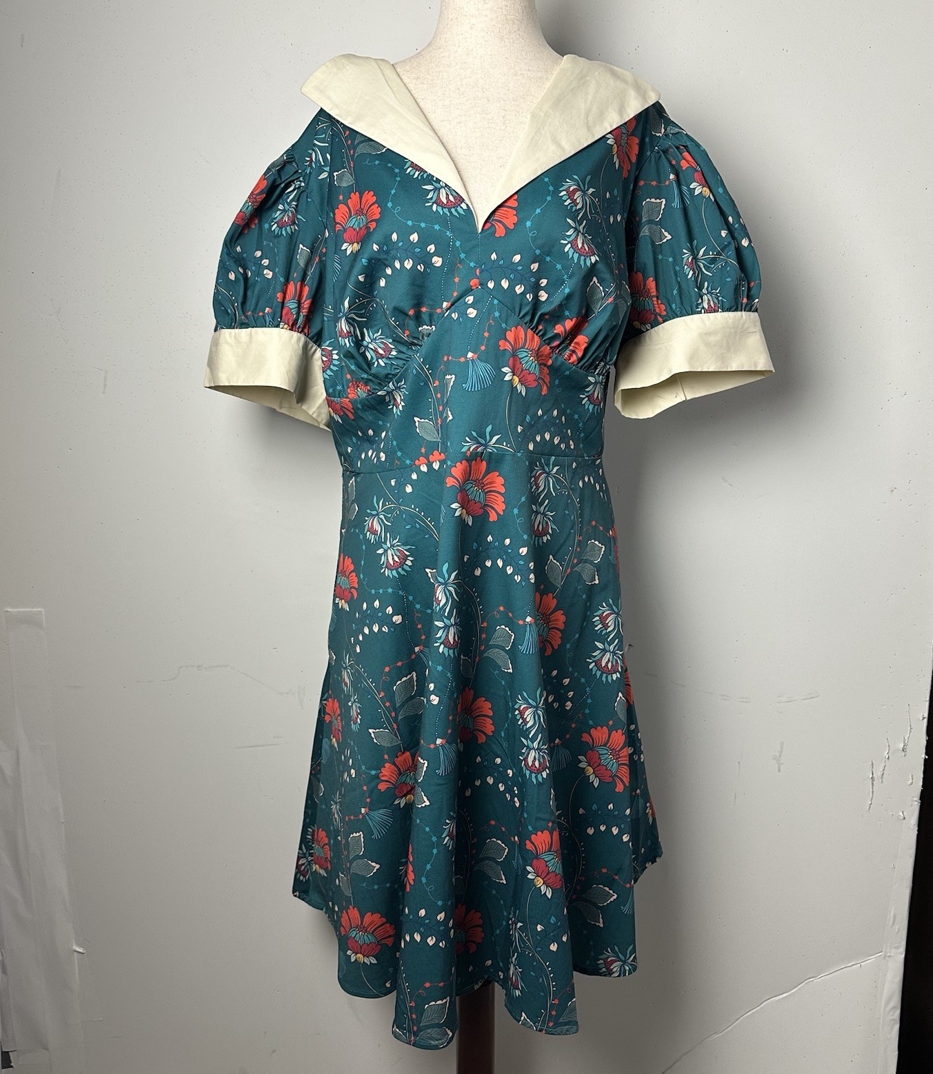 Unique Vintage Teal & Red Floral Chain Swing Dress Retro 40s 50s Rockabilly 2X