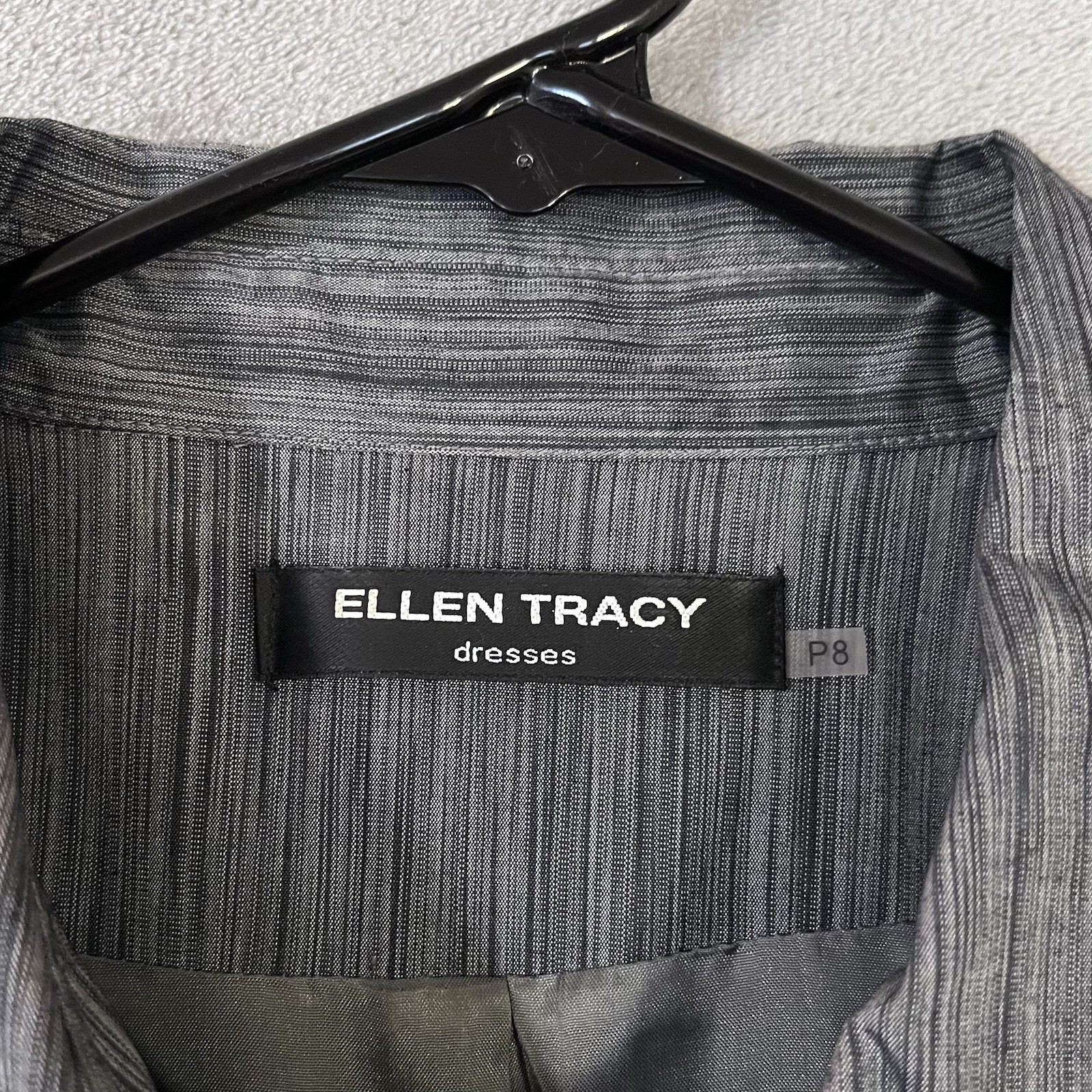 ELLEN TRACY Button Front Shirt Dress Gray Petite 8 Puff Sleeves Lined Classic