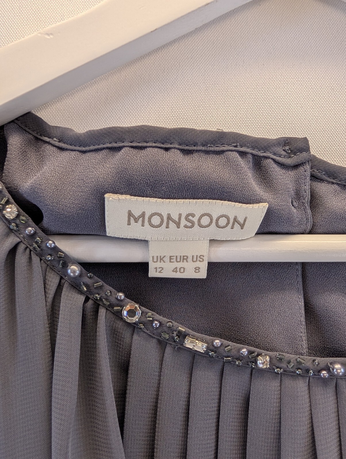 Preloved Monsoon Embellished Pleated Grey Dress Size 12