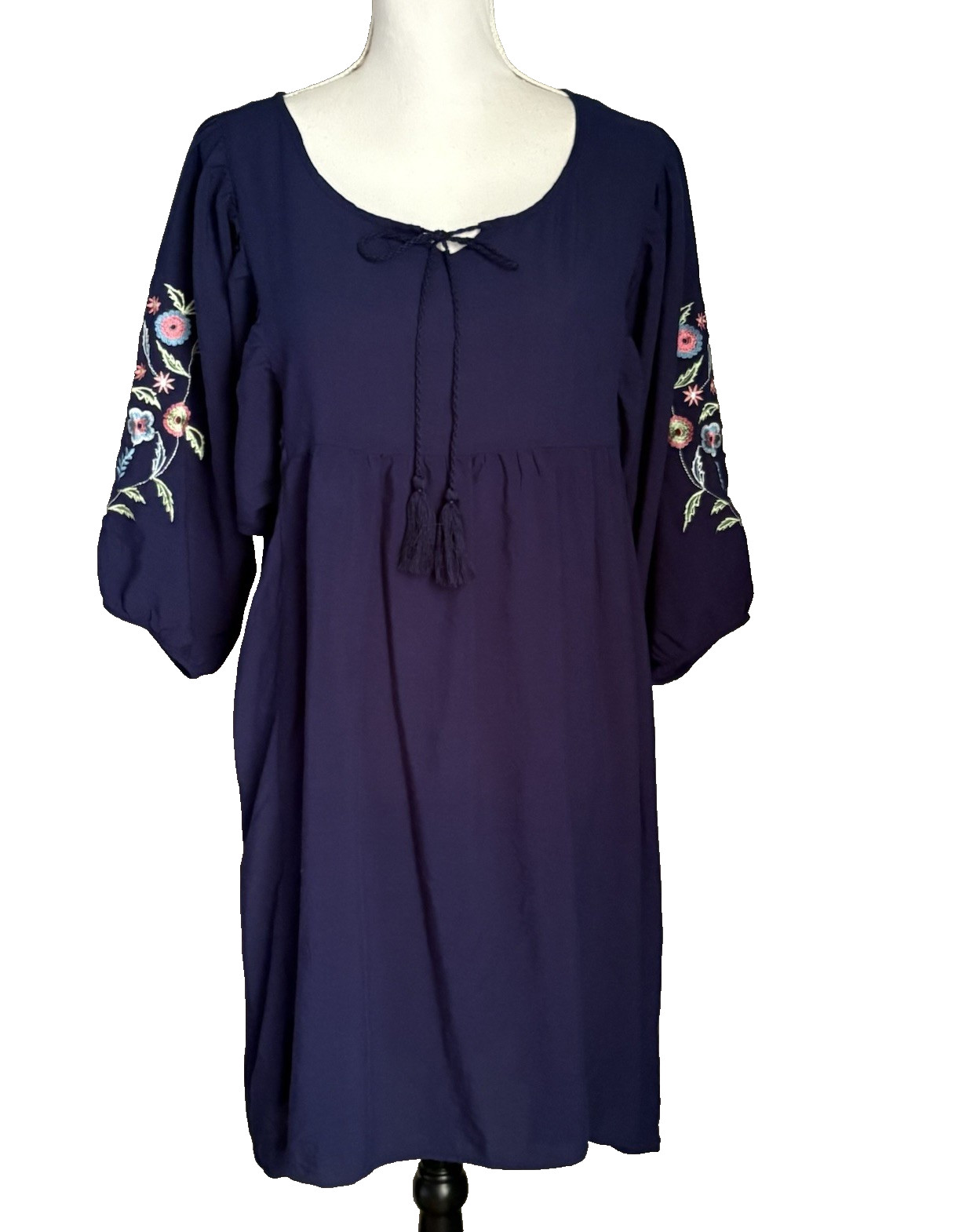 New Directions Women’s Lined Dress Blue Size PL Embroidered Tassel Bell Sleeve