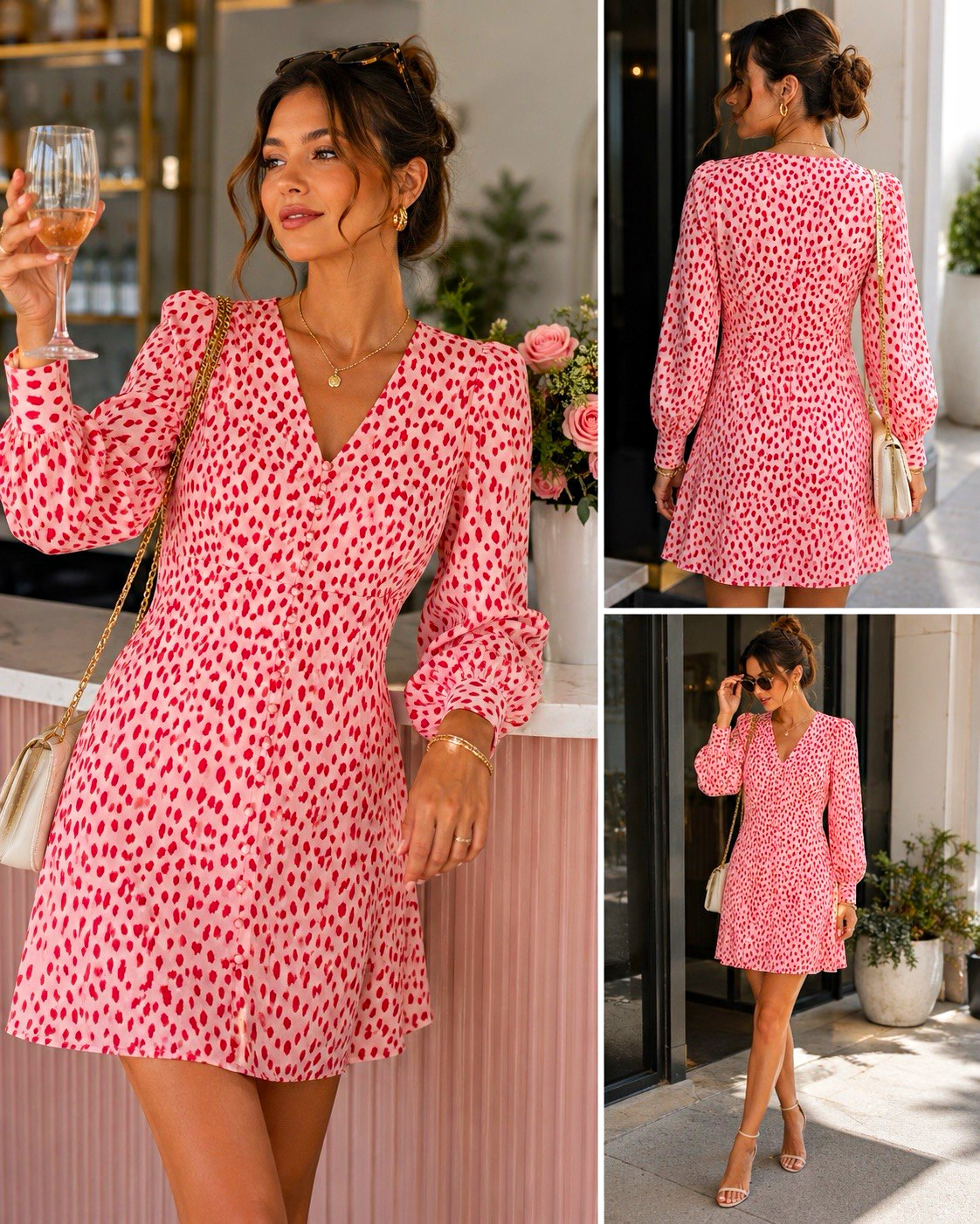 Vince Camuto Pink/Red Animal Print V-Neck Long Puff Sleeve Short Dress 4