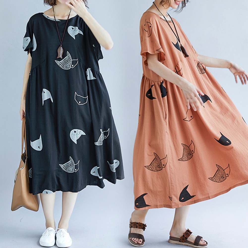 Plus Size Women Dress With Cute Character Cat Print For Fun