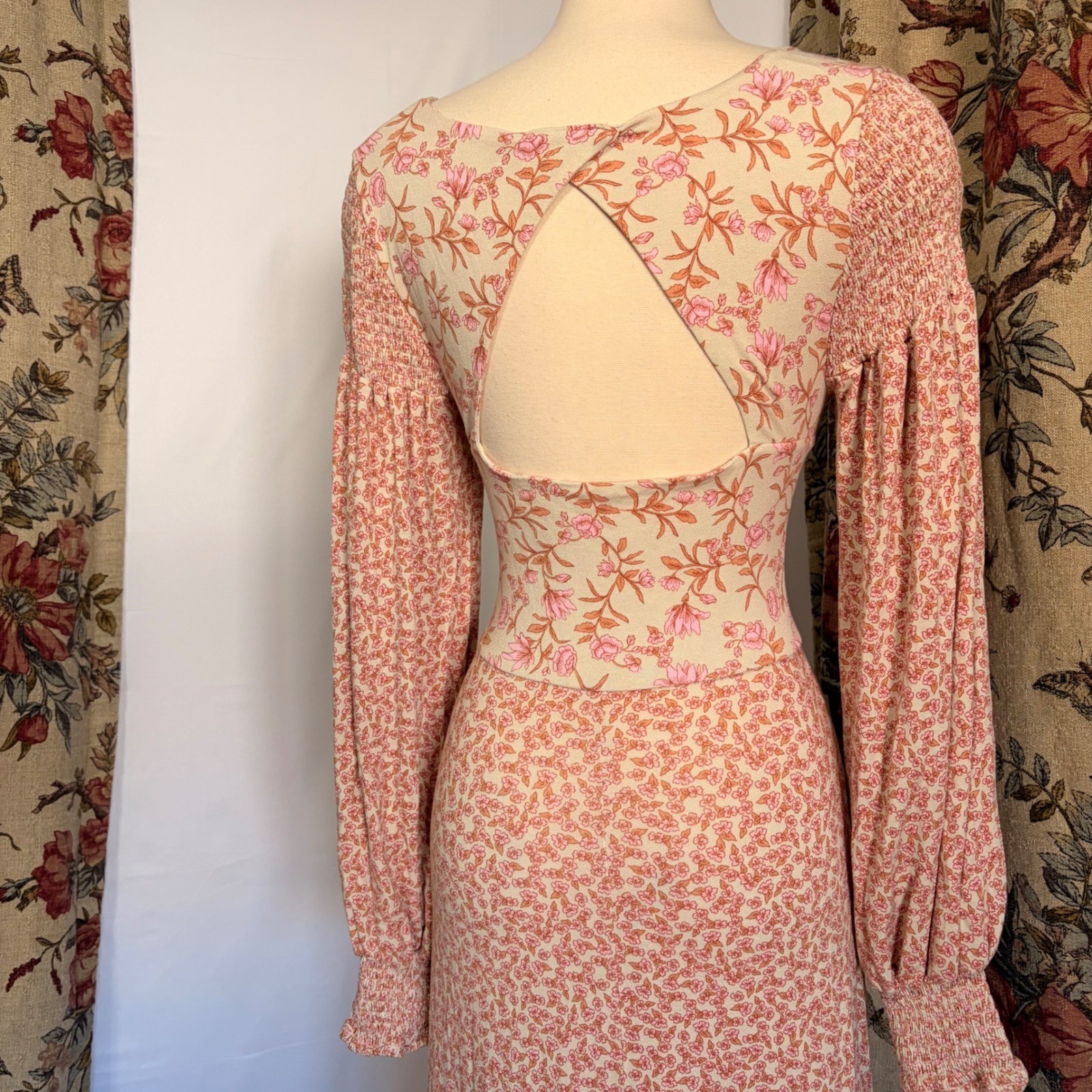 FREE PEOPLE Floral Mixed Print Maxi Dress with billowed sleeves and open back