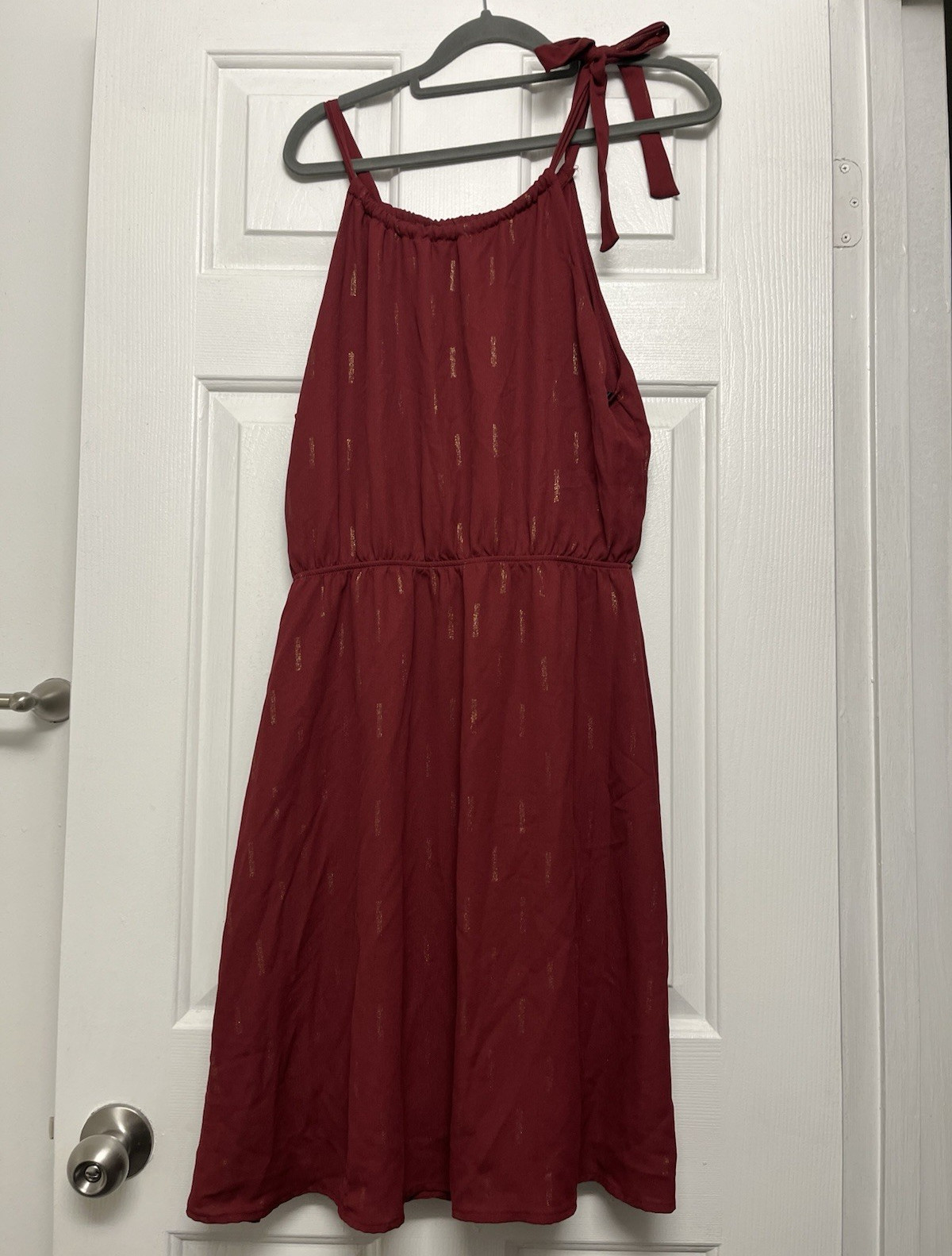 Burgundy Gold Metallic A-Line Sundress Round Neck Tie Strap Pullover M