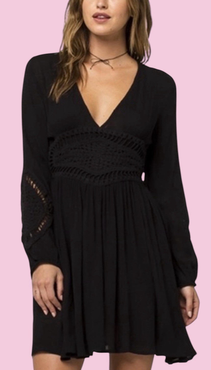 Volcom sz S Crochet Boho Gauze Dress Whimsygoth Gypsy Fairy Black Witchy Hippy