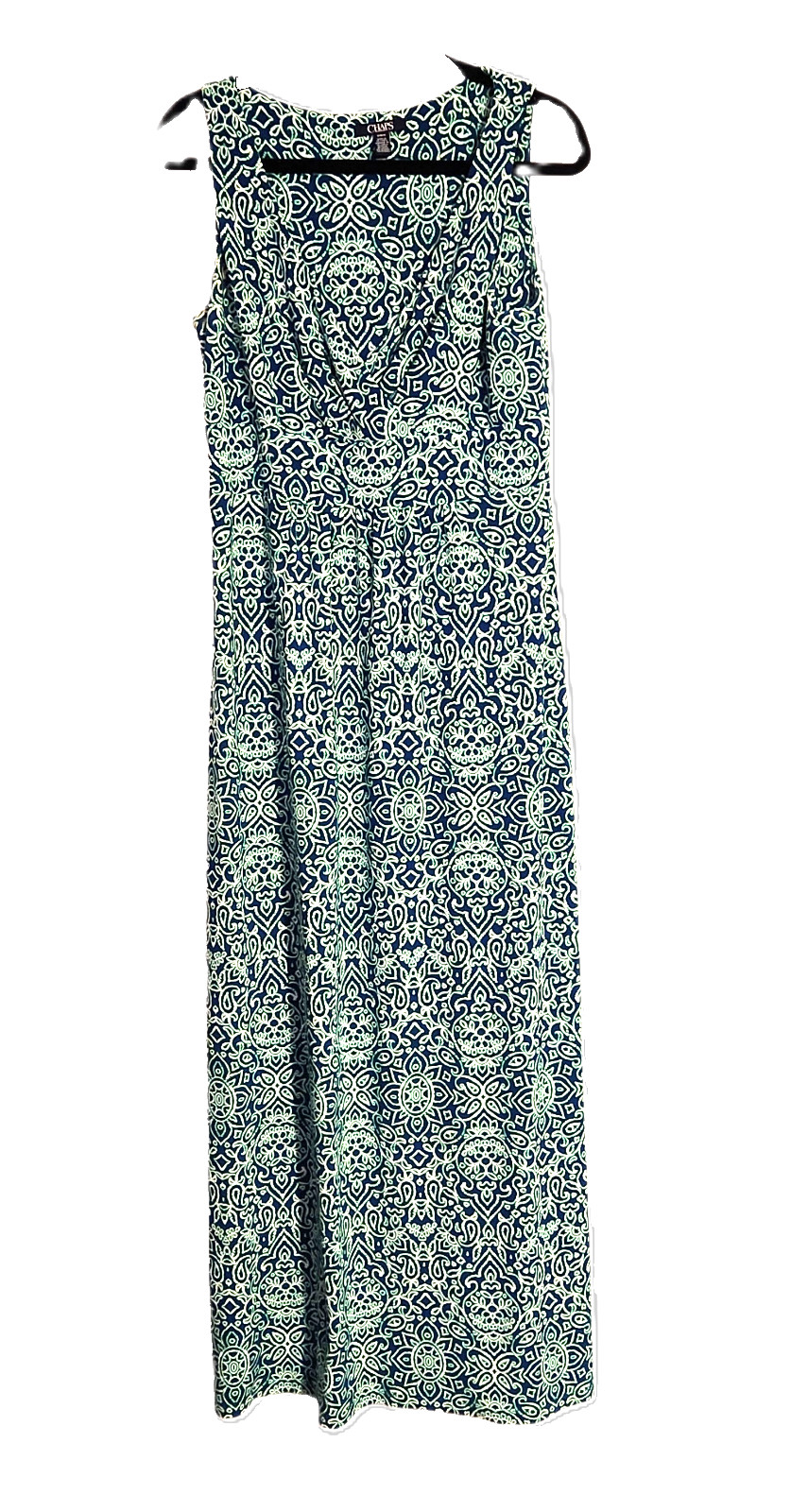 Chaps Maxi Dress Cross-Over V-Neck Green/Blue Mandala Knit Womens Size Medium