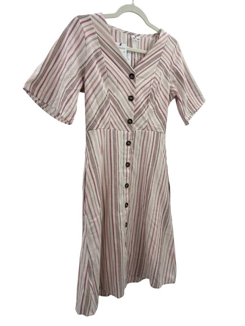 NWT Sleeveless Button Front Linen Blend Striped Dress Top in Pink & Cream