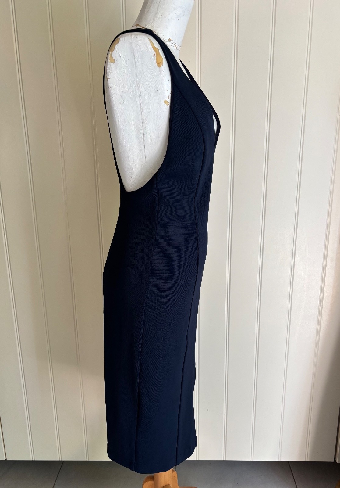 DRESS Kookai Bodycon Midi Navy Stretch Sleeveless Deep V-neck Racer back Sz 38