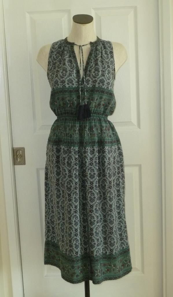 Sea NY Silk Blue Green Floral Art Pintucked Elastic Waist Midi 2 S Pockets! $565
