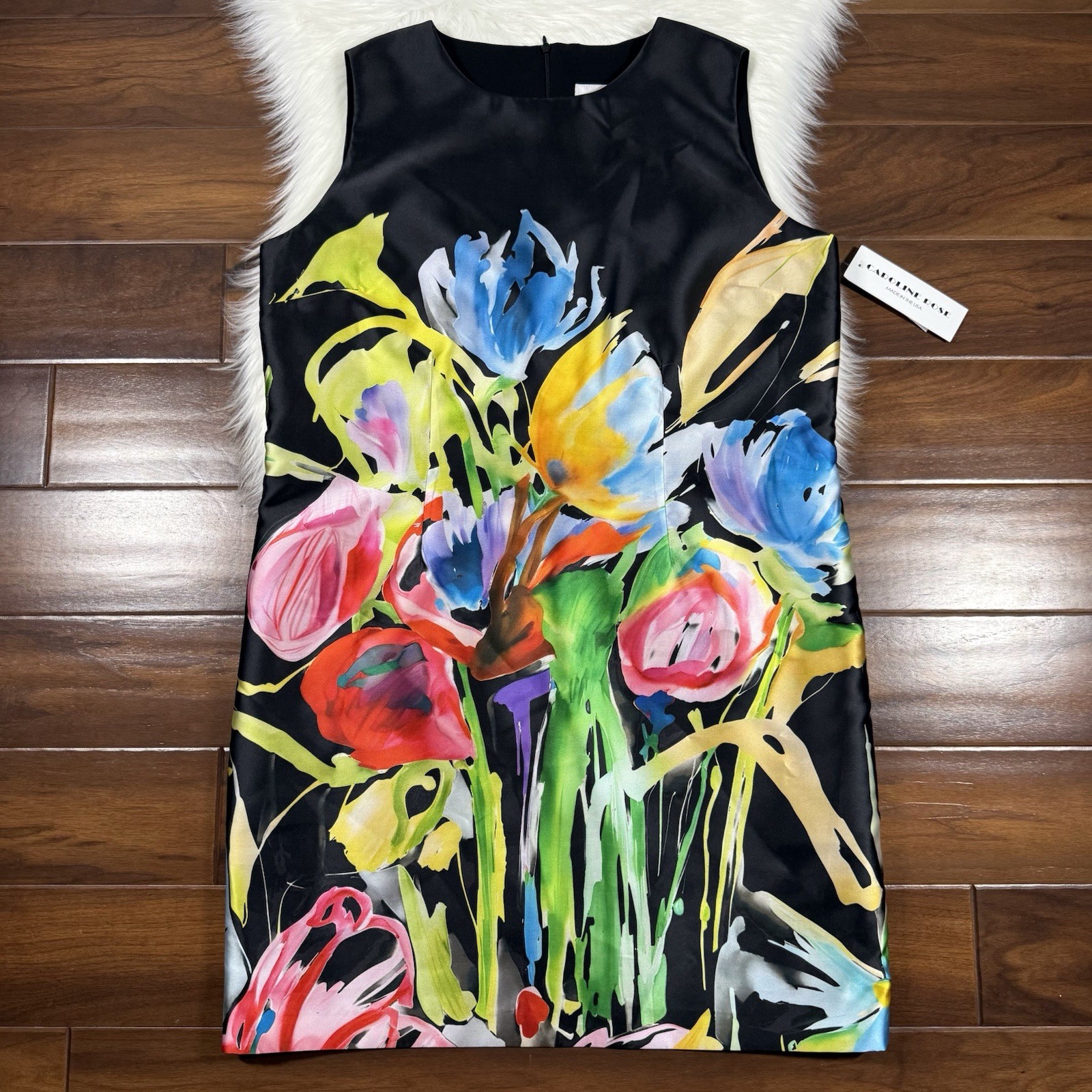 Caroline Rose Women’s Size XL Black Floral Bouquet Sleeveless Sheath Dress