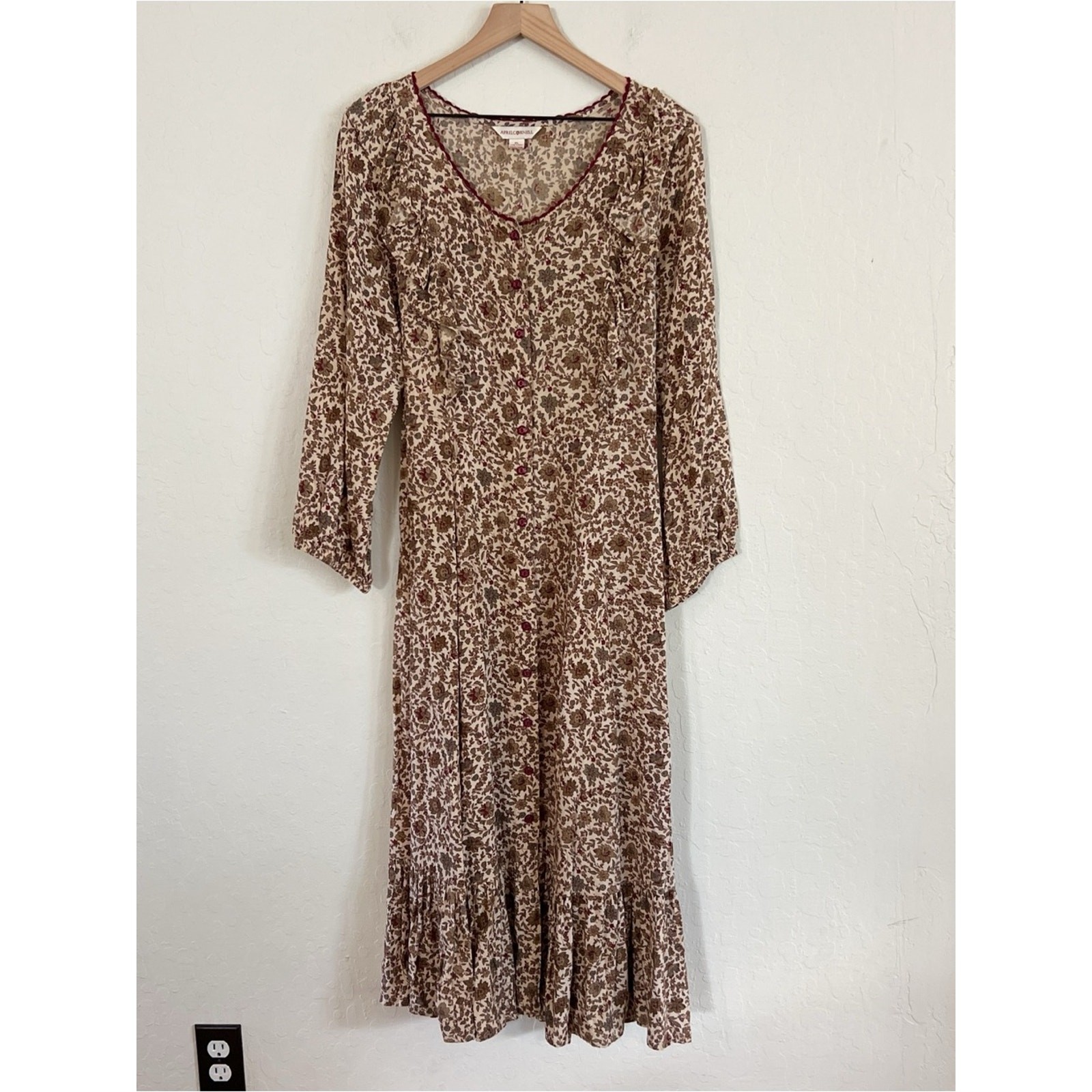 April Cornell Long Sleeve Button Front Midi Maxi Prairie Dress XL Floral Cottage