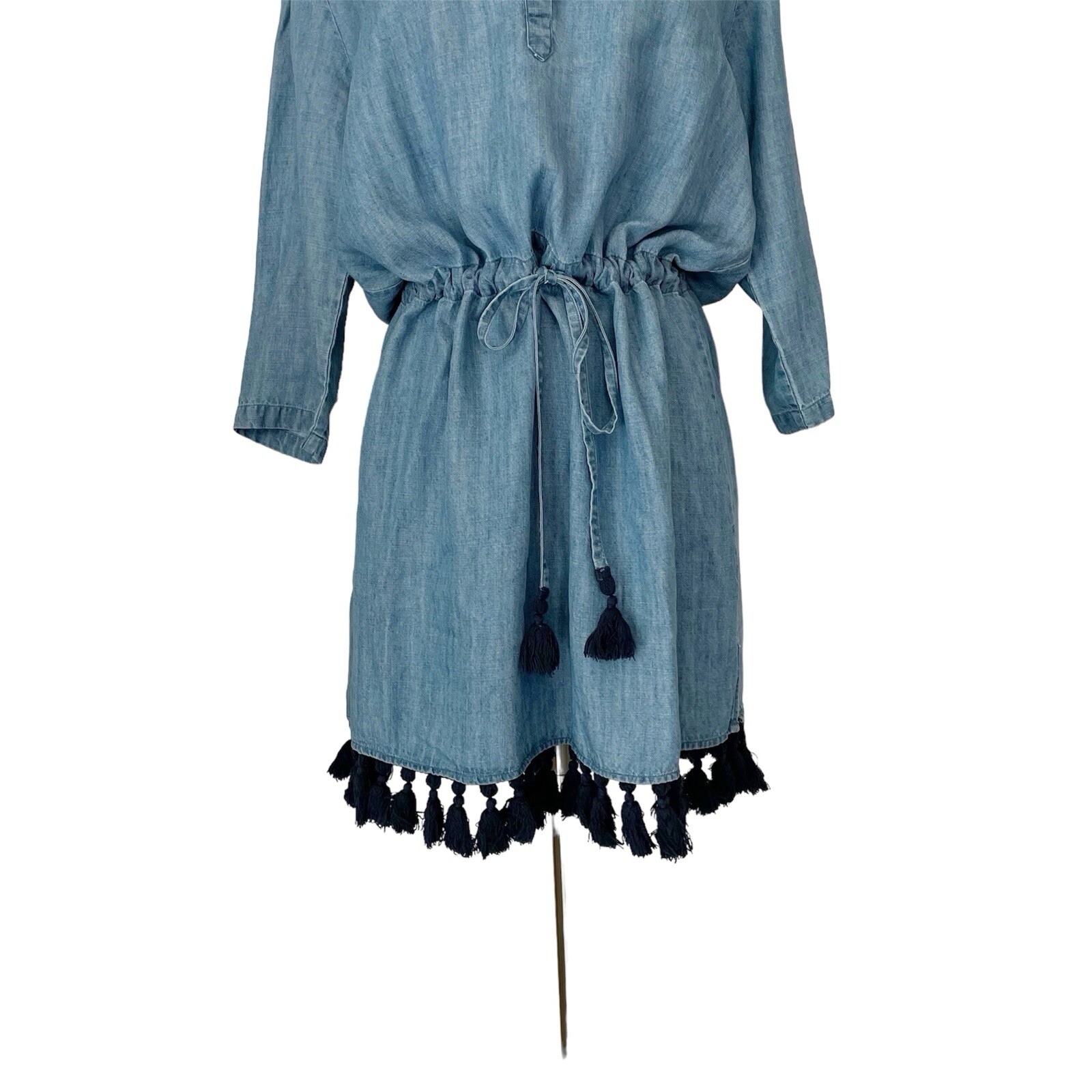 Rails Dress S Blue Chambray Denim Tassel Fringe Trim Tunic Shift V-neck Cinch