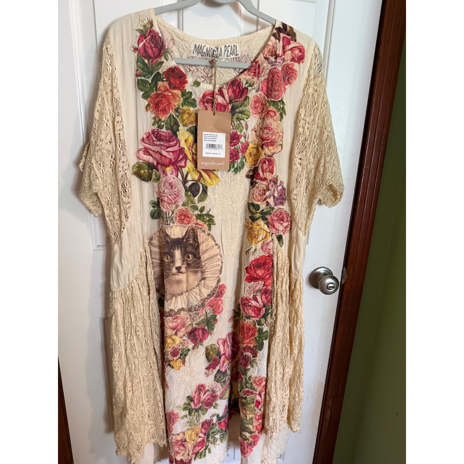 Magnolia Pearl Evelyn Dress Moonlight Cotton Lace Floral Cat Applique OS NEW