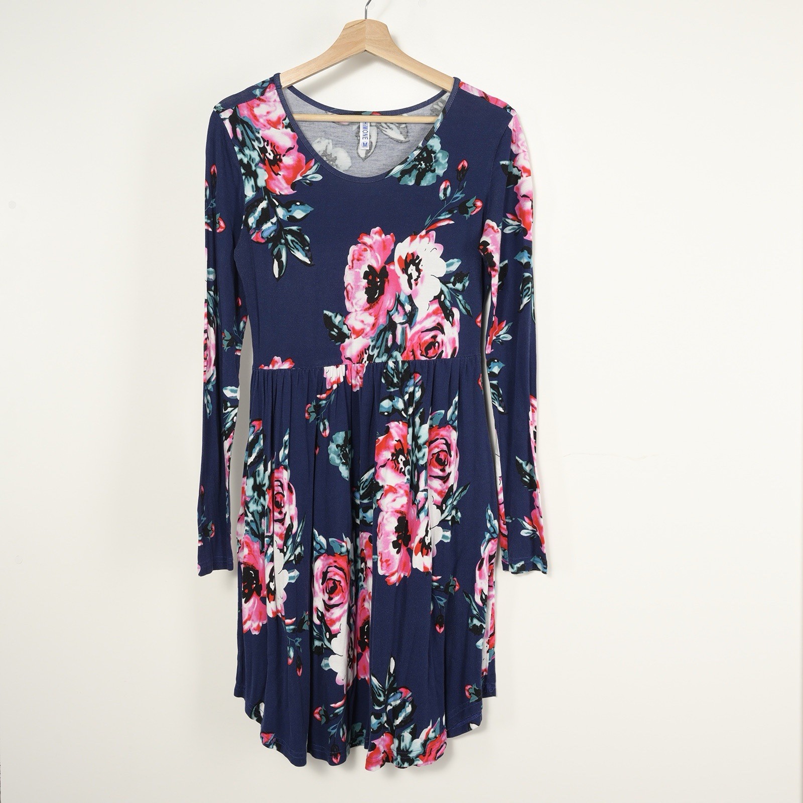 HiMone Women’s M. Blue & Pink Floral Long Sleeve Knit Casual Knee Length Dress