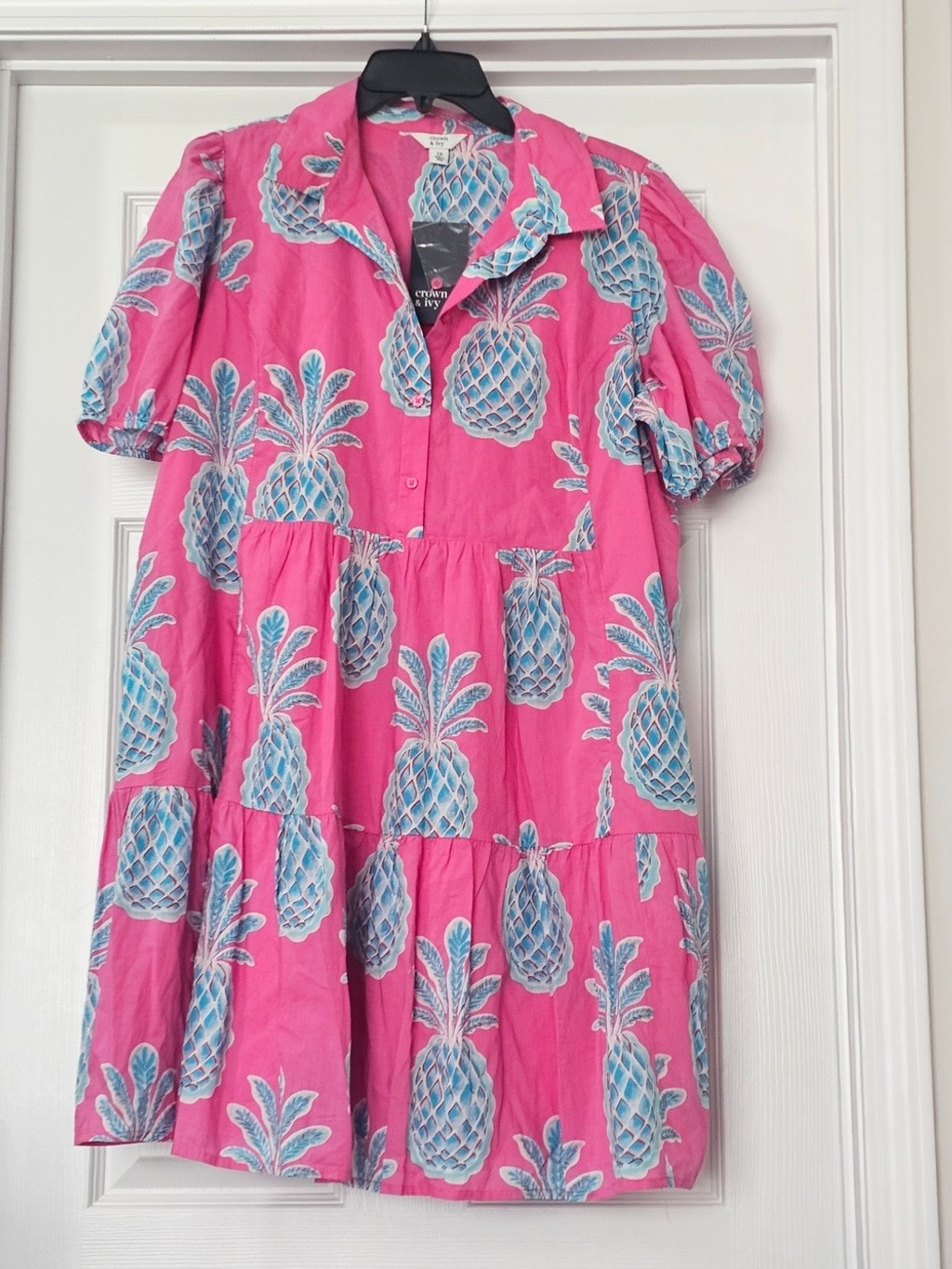 crown & ivy Pink Mini Dress with Blue Pineapple Print Playful Whimsical{Bx20}