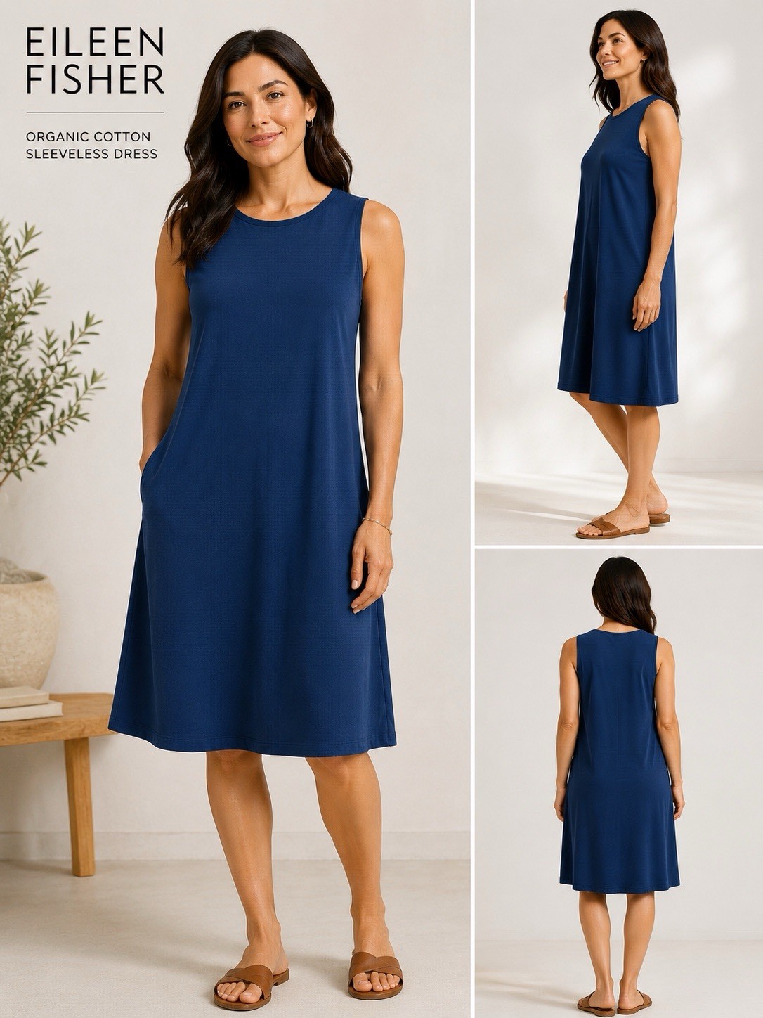 Eileen Fisher Sleeveless Shift Dress Size Large Organic Cotton Blend Blue