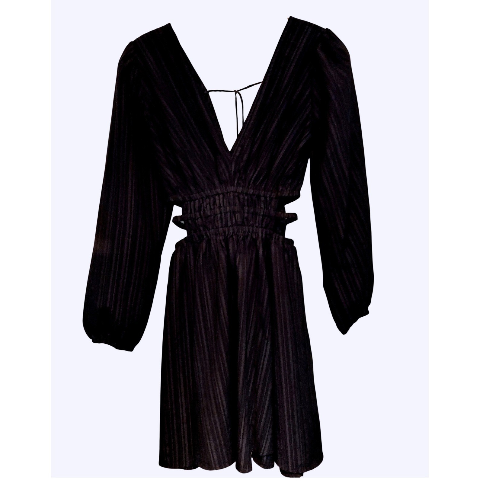 Hint of Blush Black Striped Cut Out Smocked Waist Mini Dress Long Sleeve Small