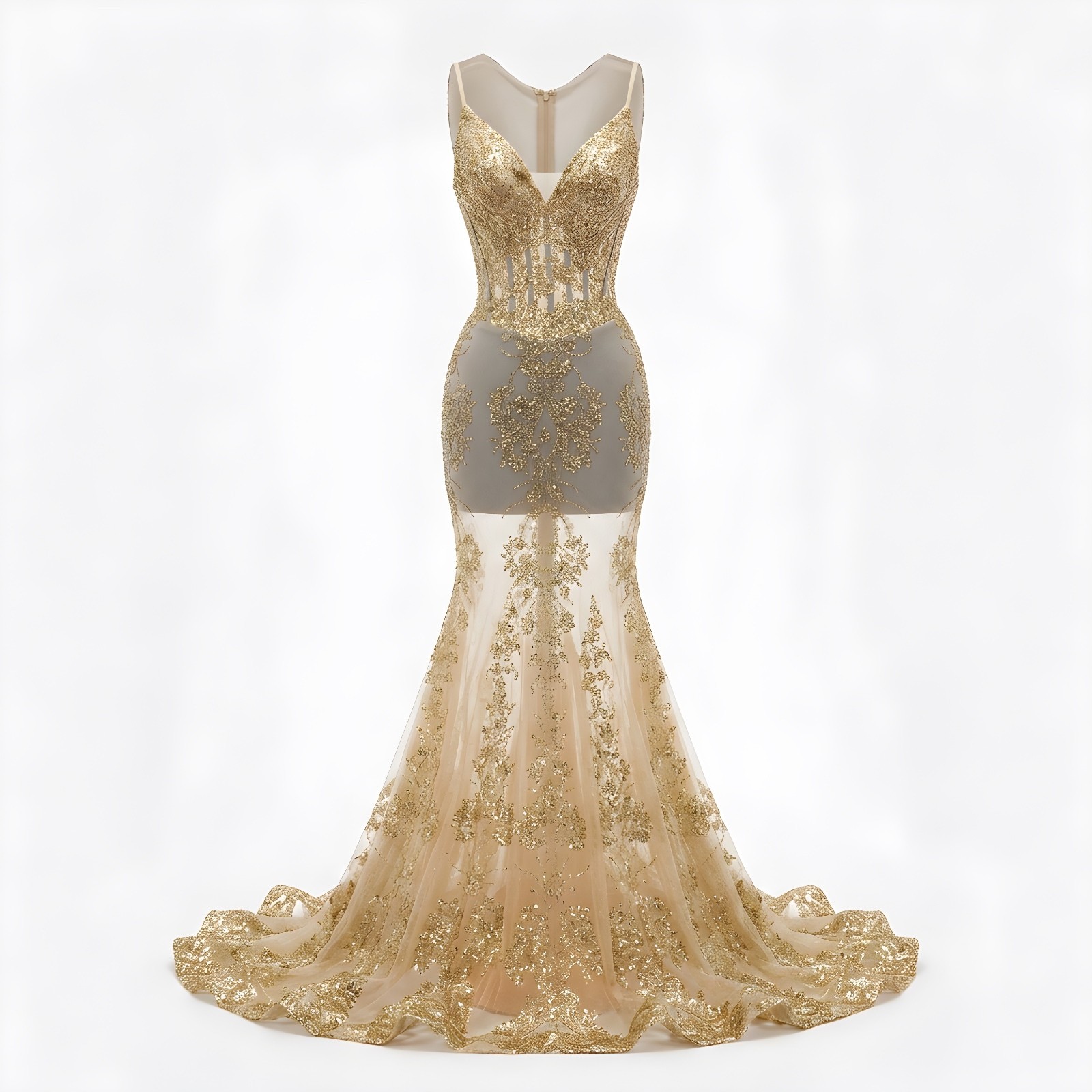 Gold Embroidered Mermaid Evening Dress