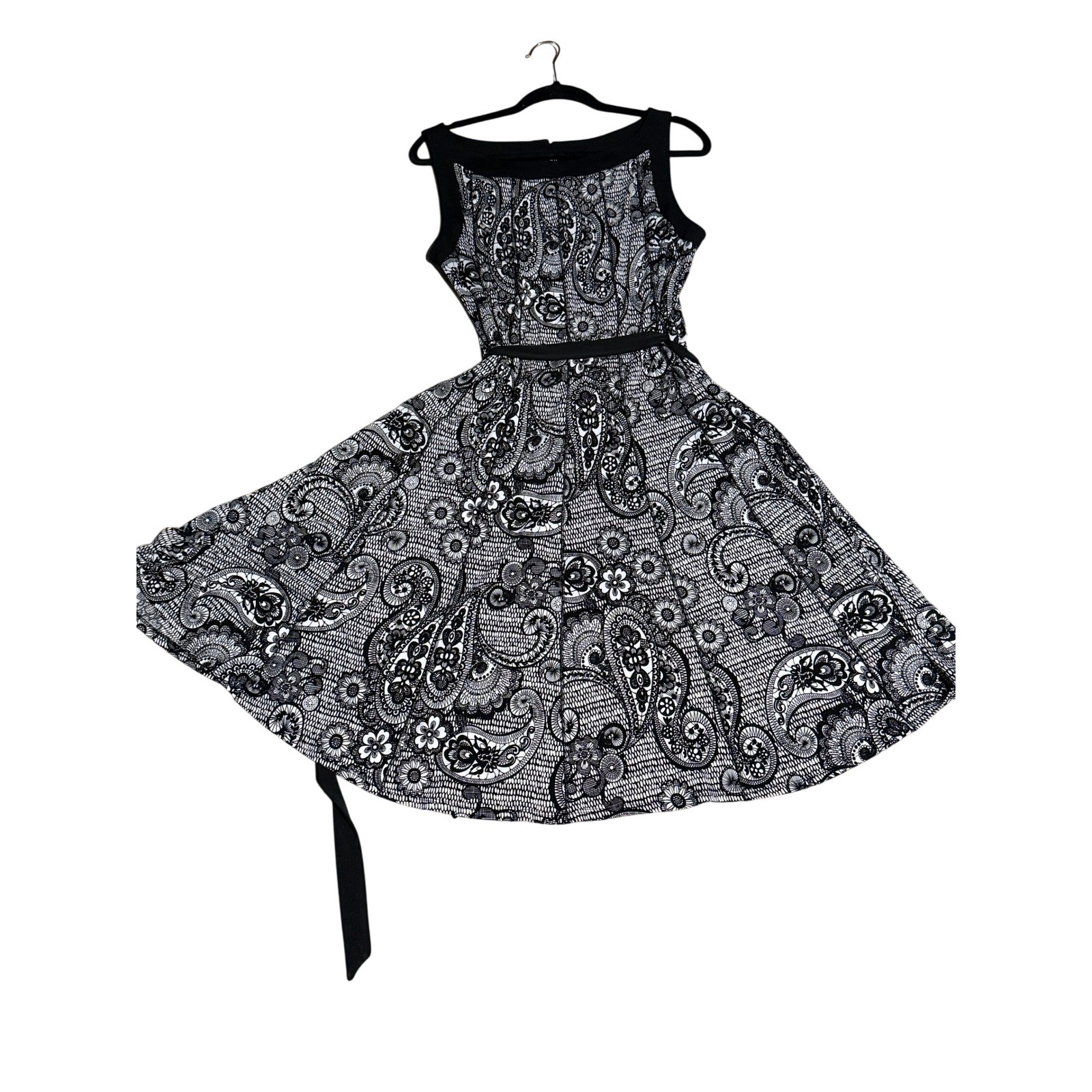 Glamour Womens Black White Paisley Floral Lace Print Fit Flare Midi Dress 14
