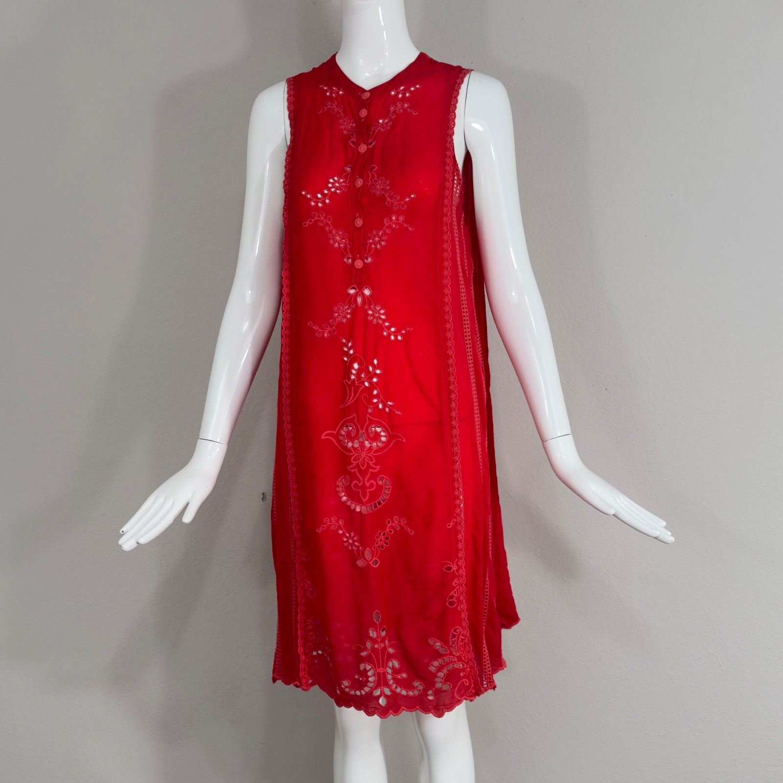 Johnny Was Rhodes Sleeveless Shift Dress Scarlet Red Embroidered Eyelet Accent M