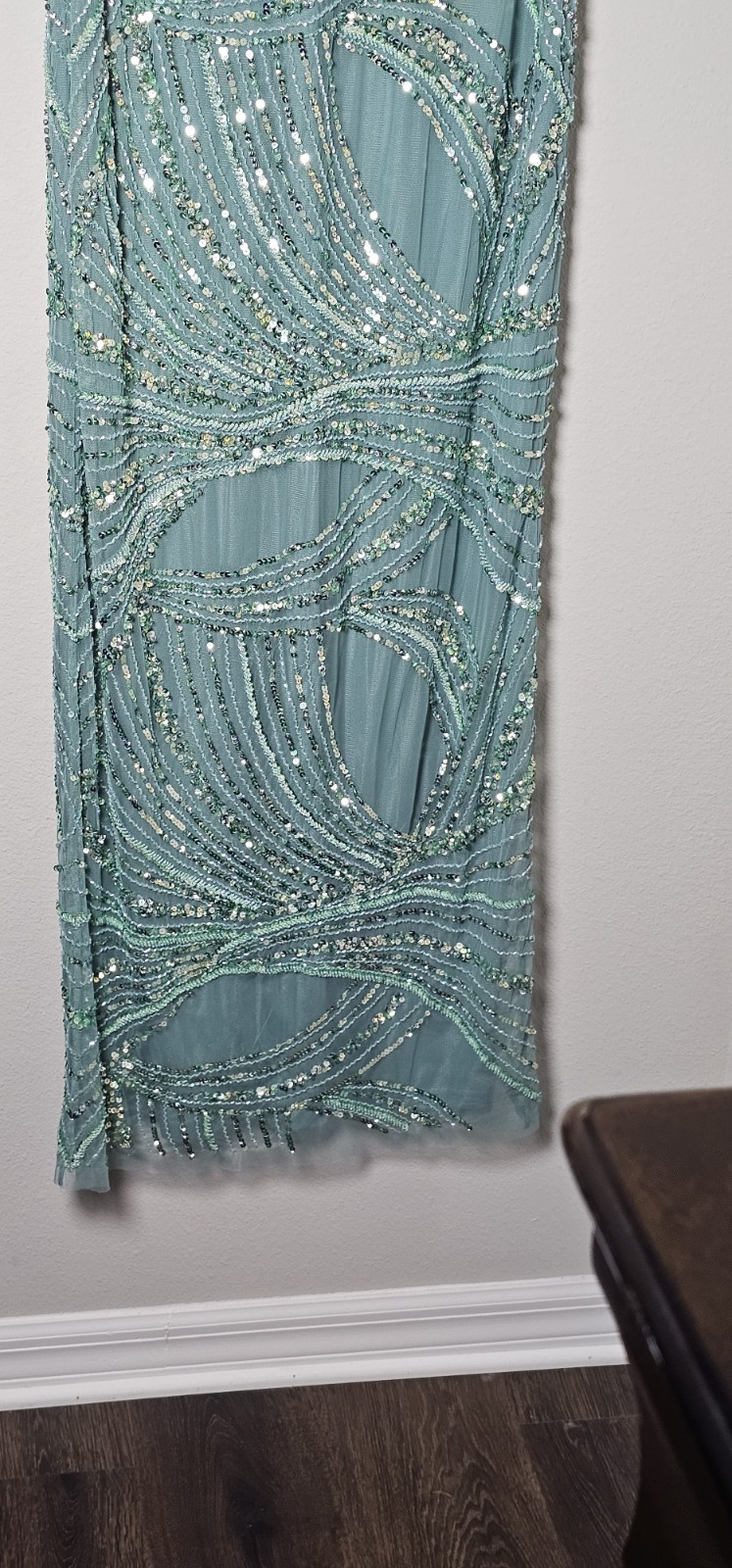 NWT Aidan Mattox Beaded Mesh Short Sleeve Column Gown Sage Green Women’s 12