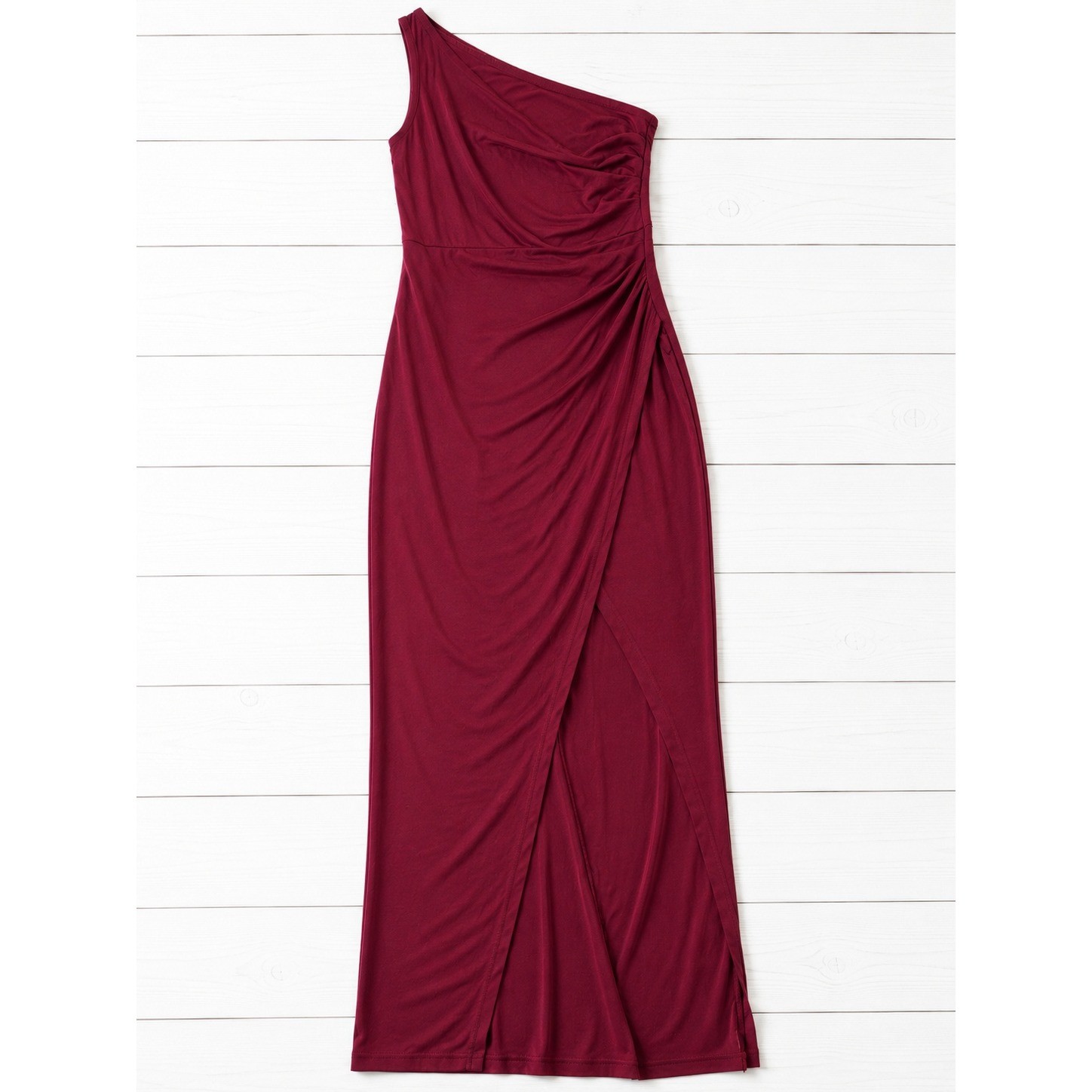 Sarin Mathews Womens Burgundy One Shoulder Ruched Maxi Dress Side Slit 3606